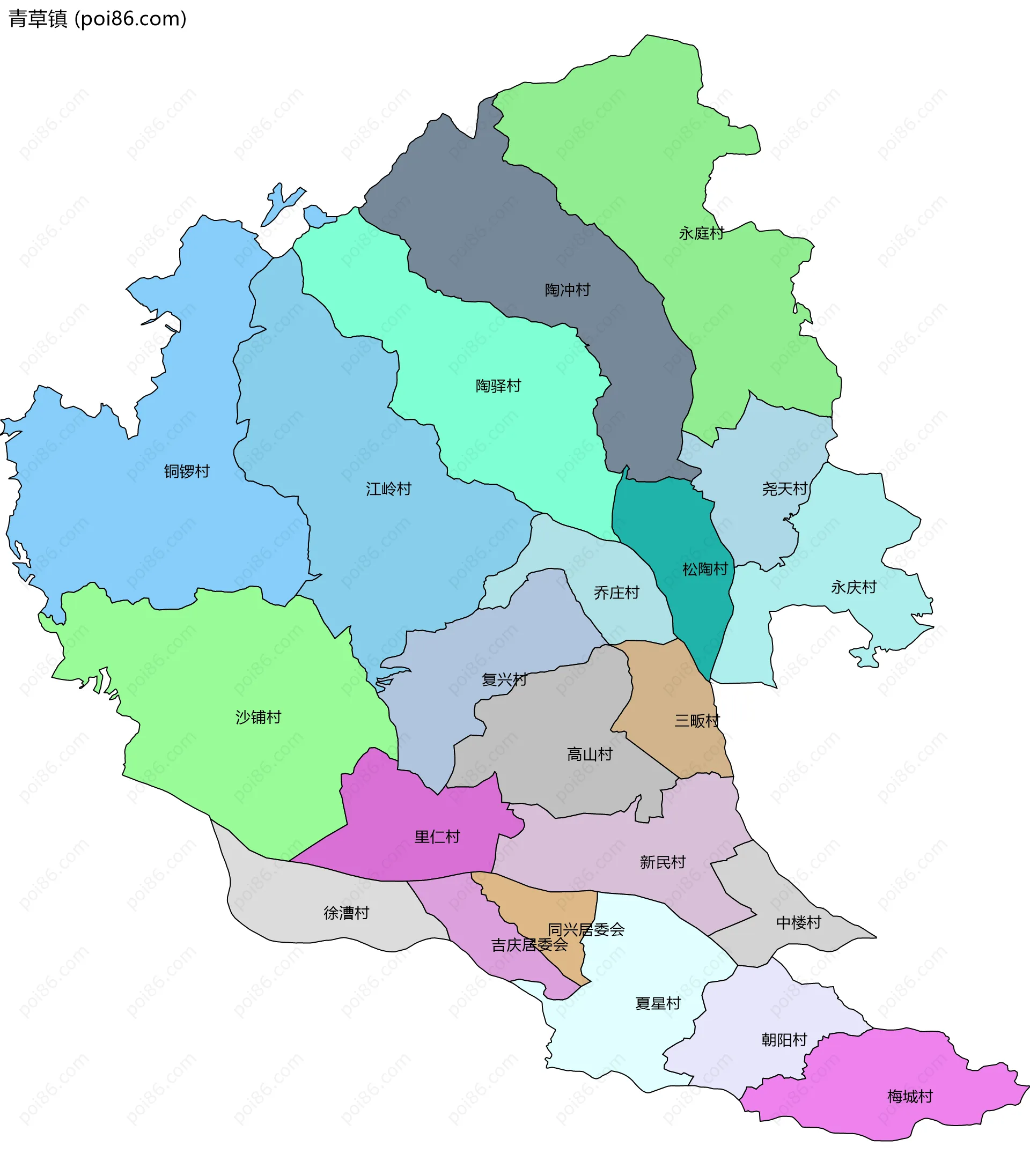 青草镇边界地图(五级行政区划)