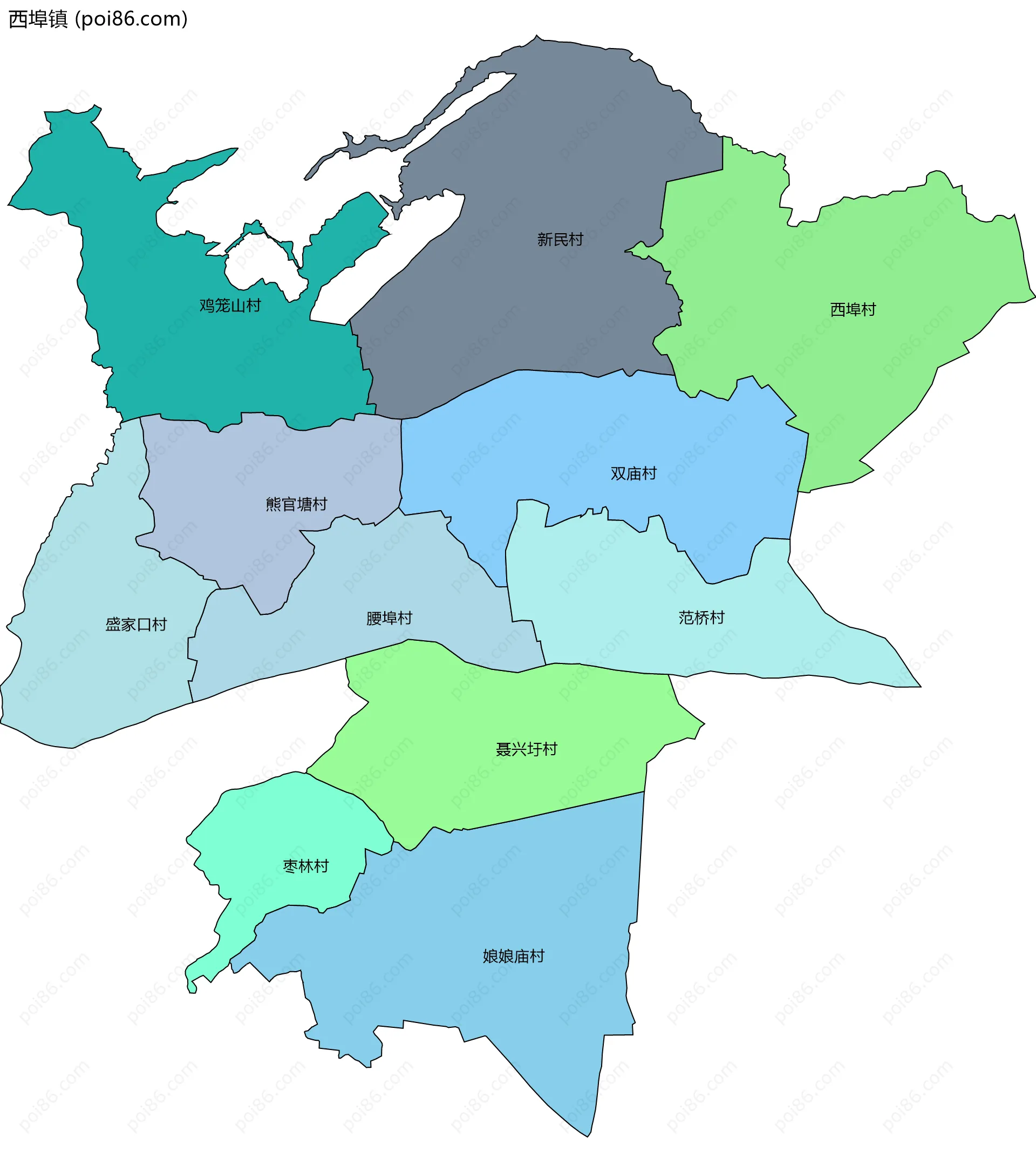 西埠镇边界地图(五级行政区划)