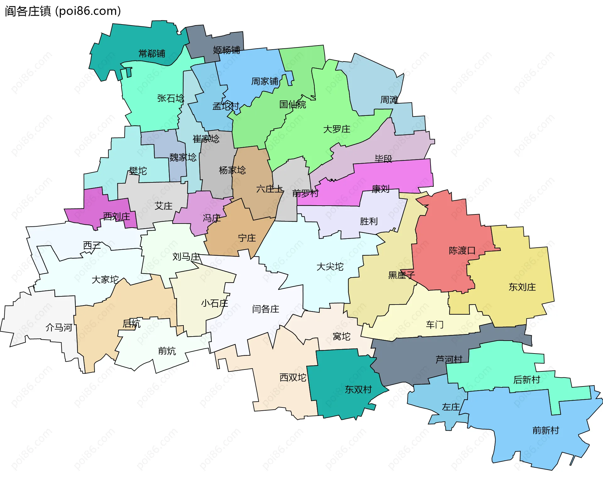 阎各庄镇边界地图(五级行政区划)