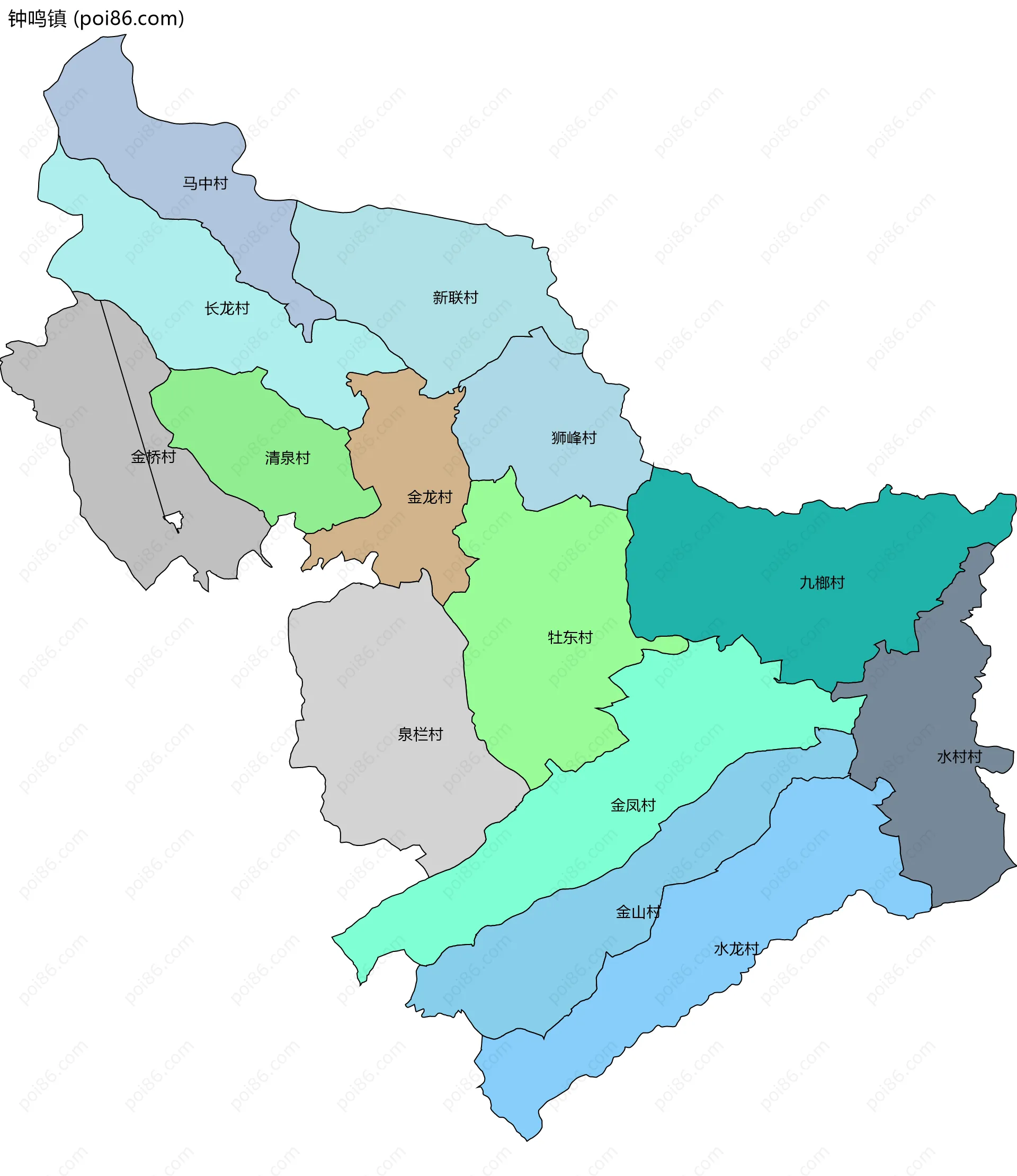 钟鸣镇边界地图(五级行政区划)