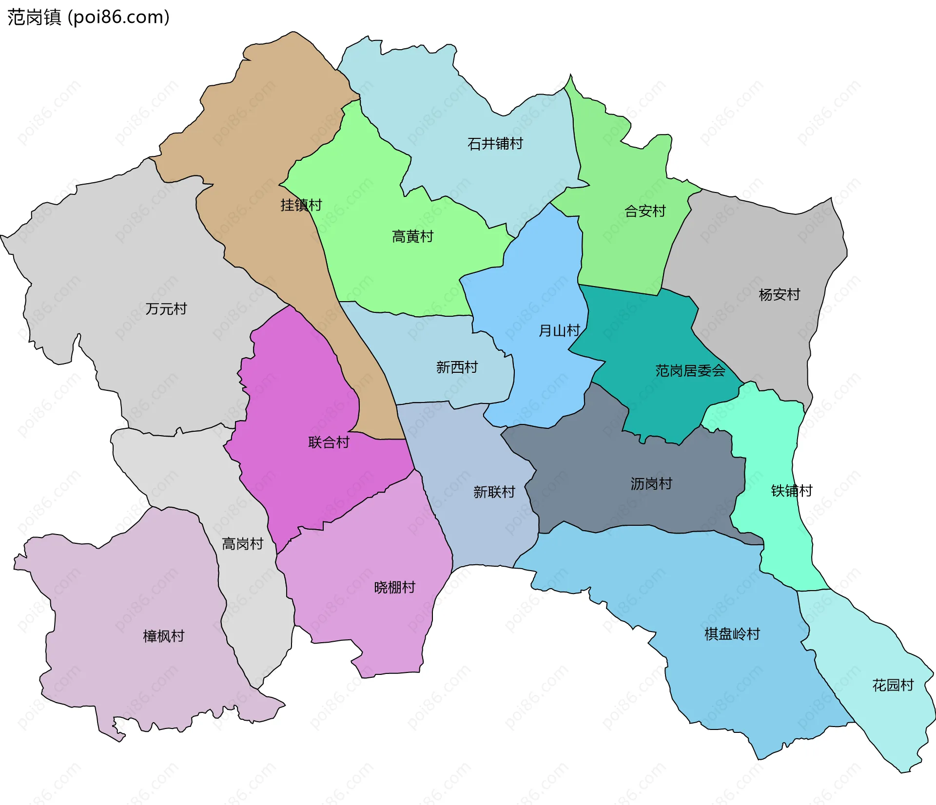 范岗镇边界地图(五级行政区划)