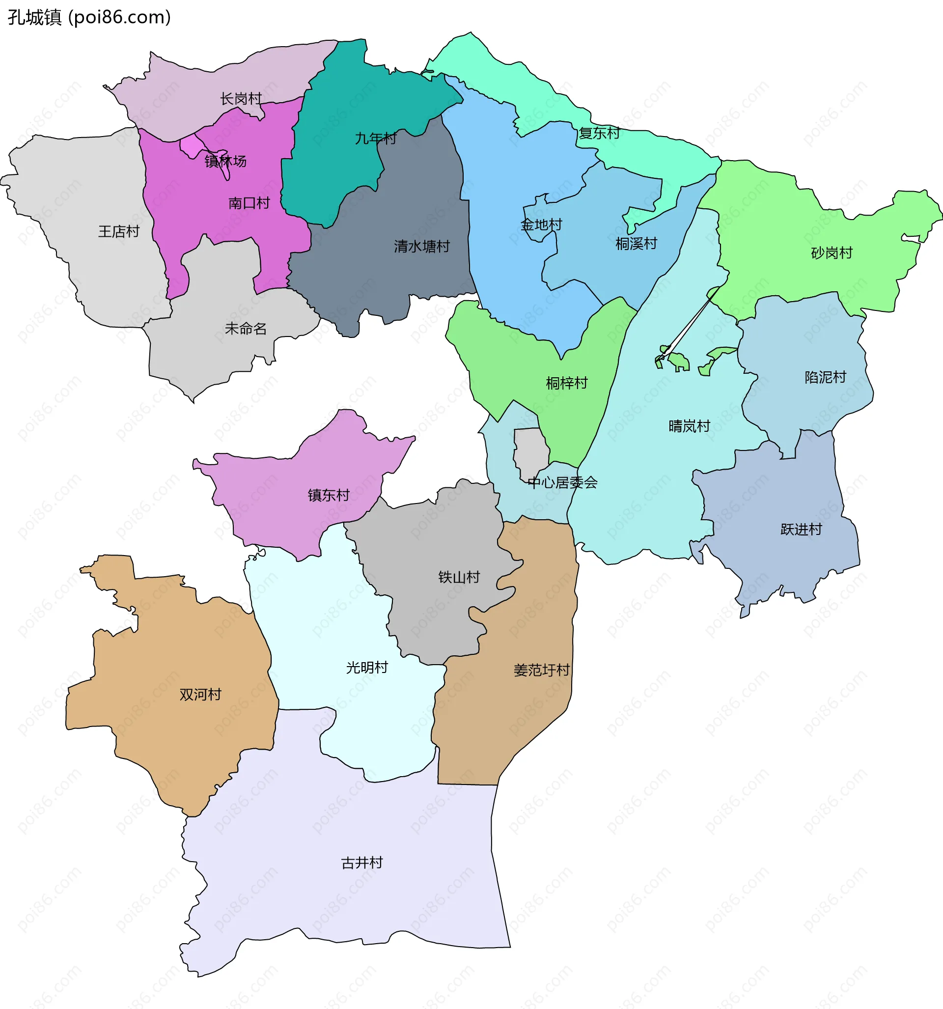 孔城镇边界地图(五级行政区划)