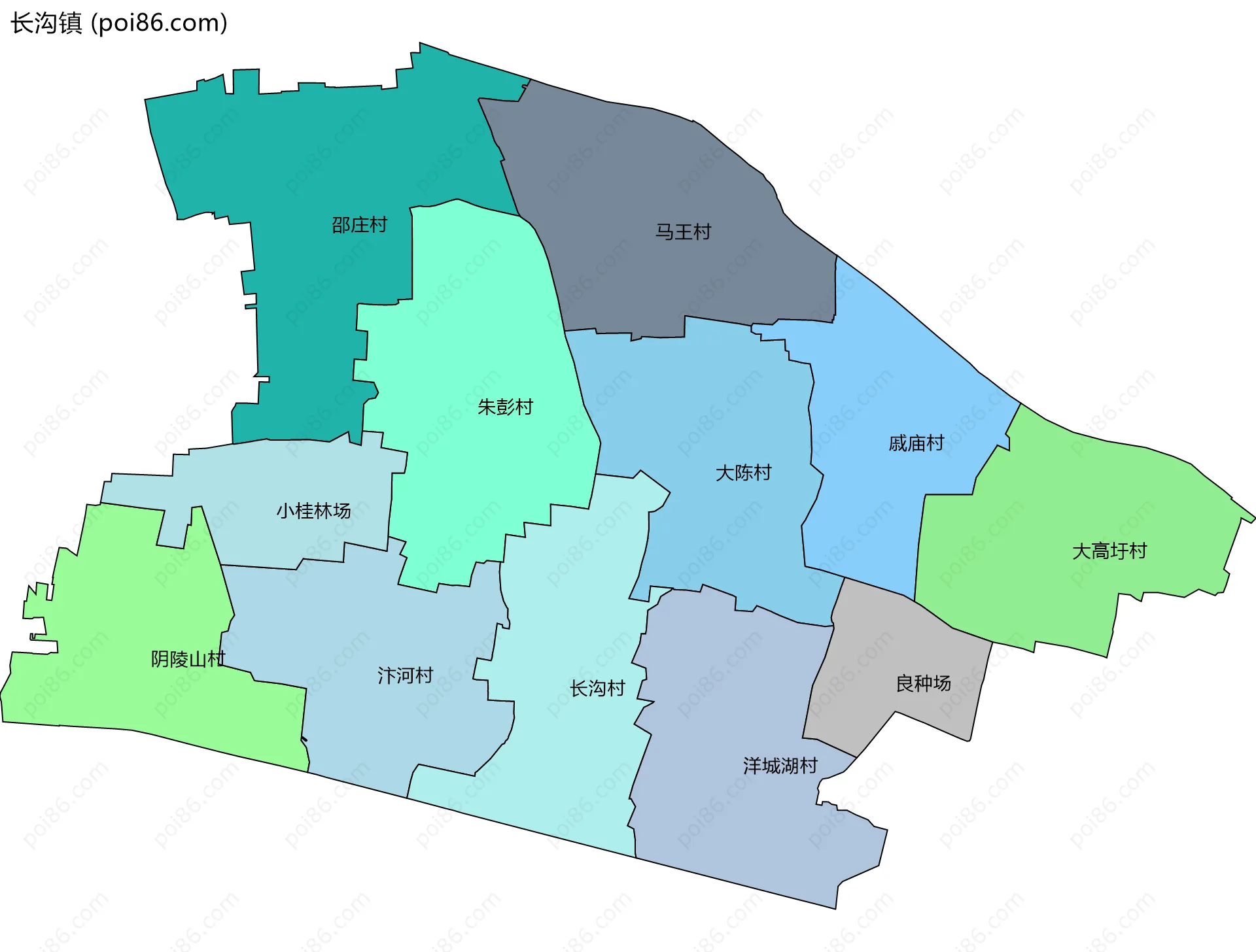 长沟镇边界地图(五级行政区划)