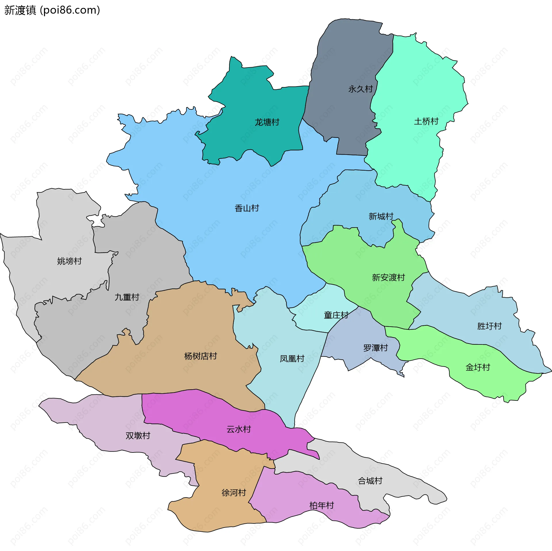 新渡镇边界地图(五级行政区划)