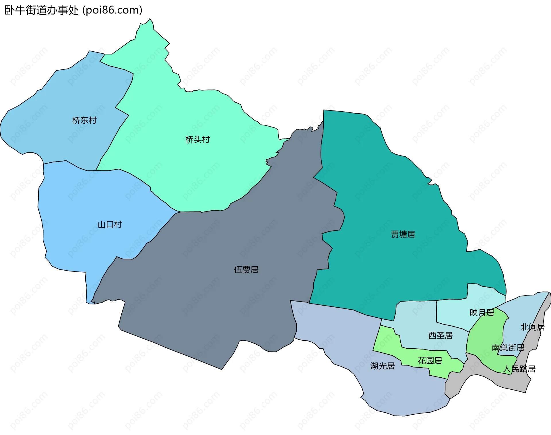 卧牛街道办事处边界地图(五级行政区划)