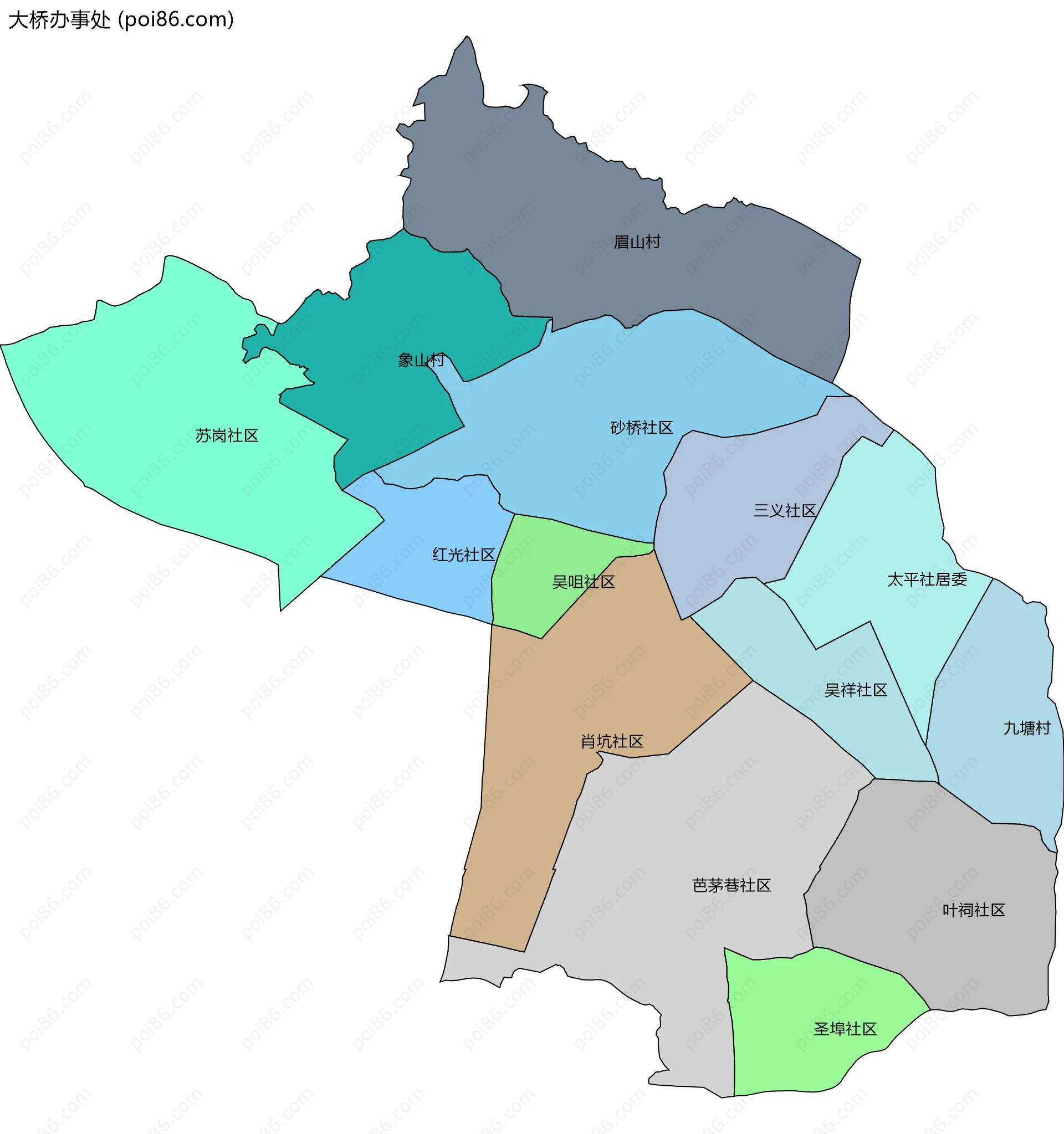 大桥办事处边界地图(五级行政区划)