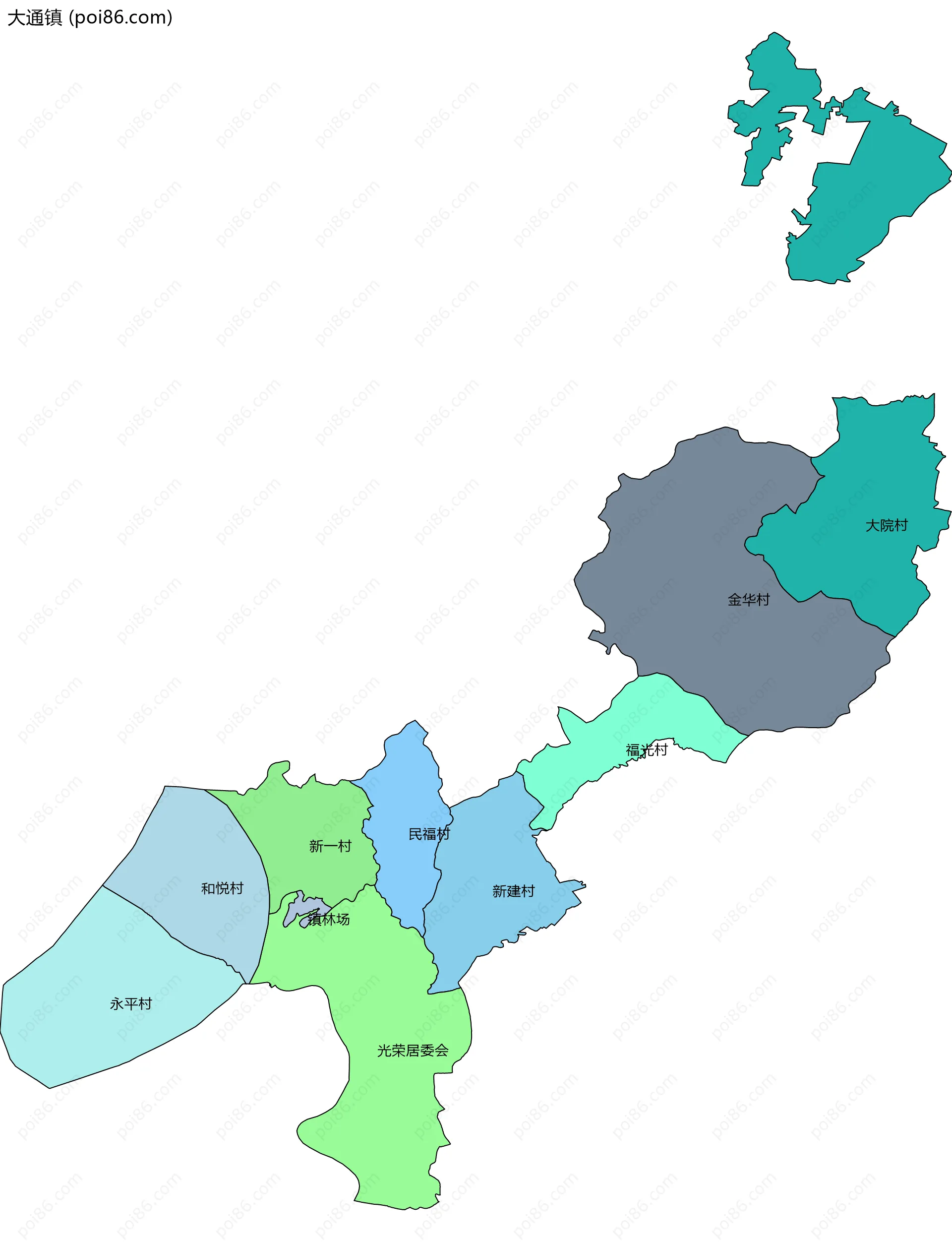 大通镇边界地图(五级行政区划)