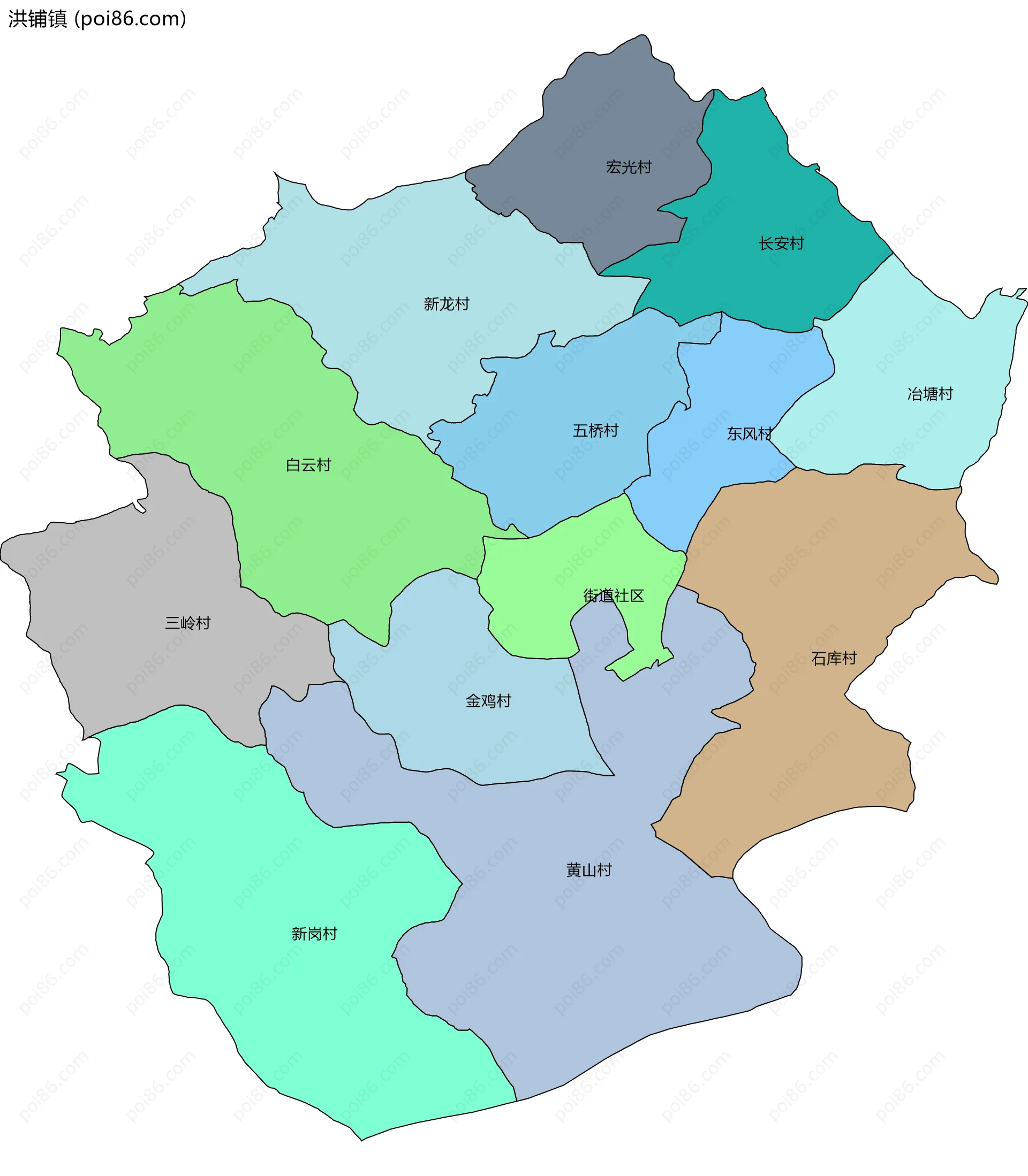 洪铺镇边界地图(五级行政区划)