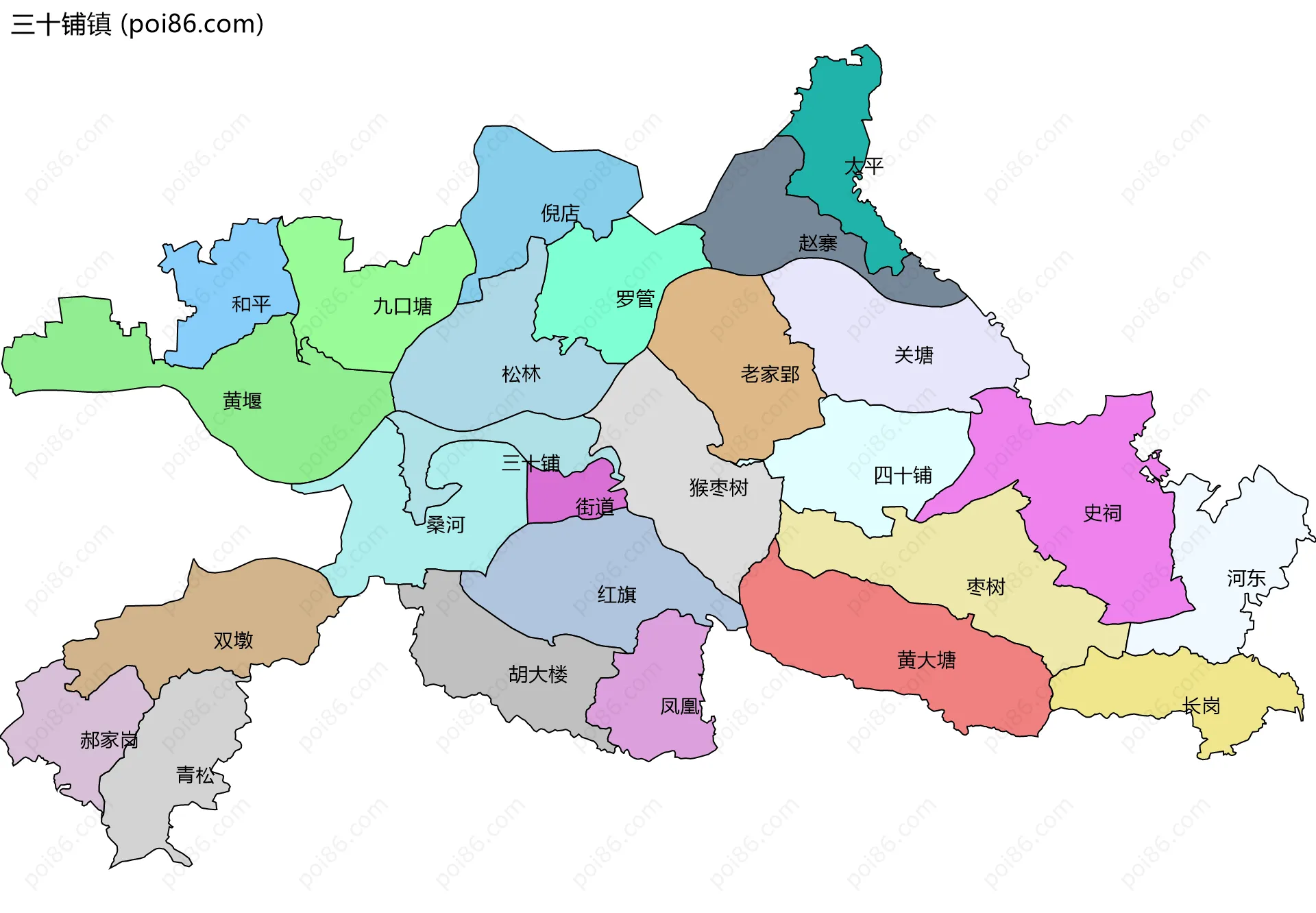 三十铺镇边界地图(五级行政区划)
