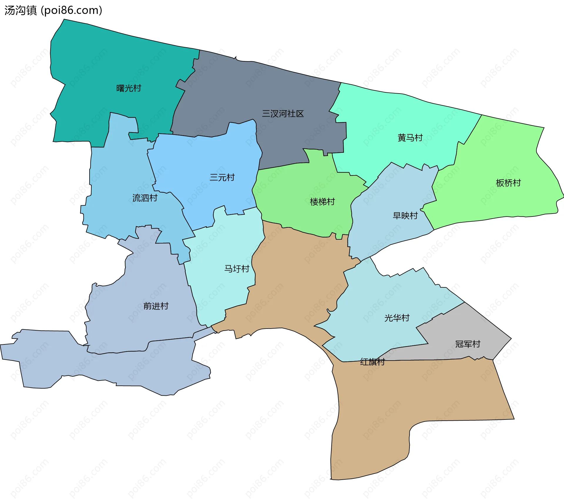 汤沟镇边界地图(五级行政区划)