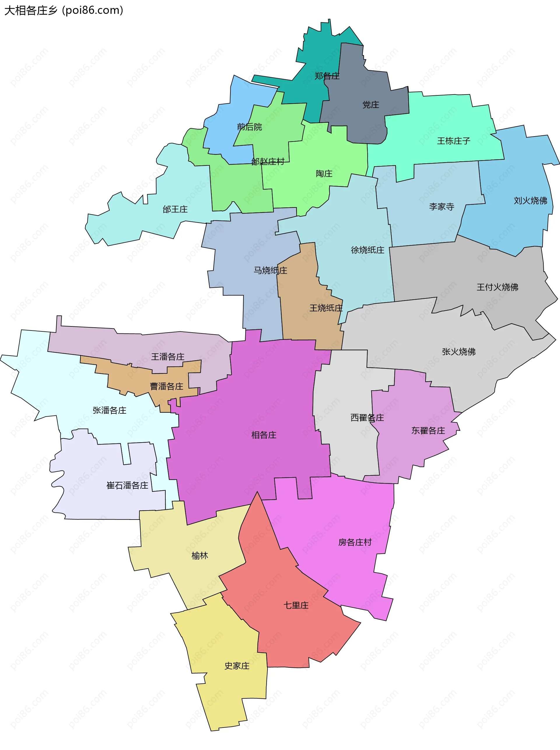 大相各庄乡边界地图(五级行政区划)