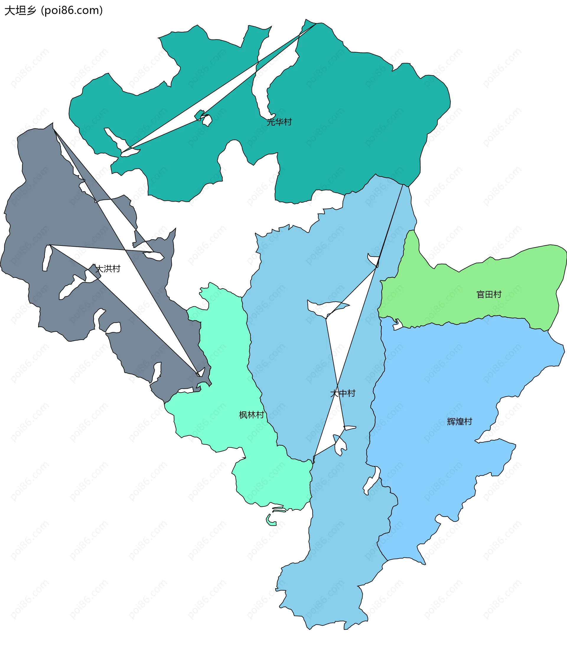 大坦乡边界地图(五级行政区划)