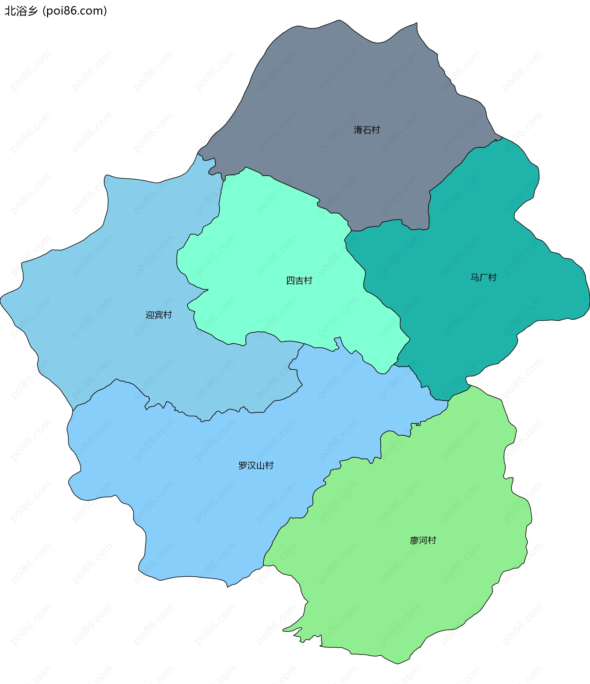 北浴乡边界地图(五级行政区划)