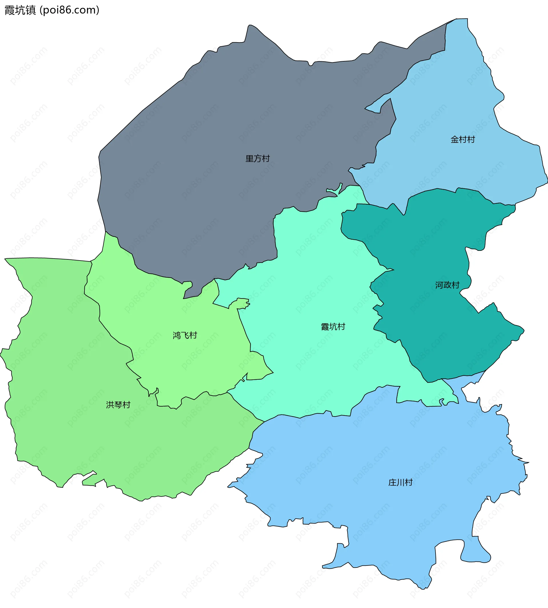 霞坑镇边界地图(五级行政区划)