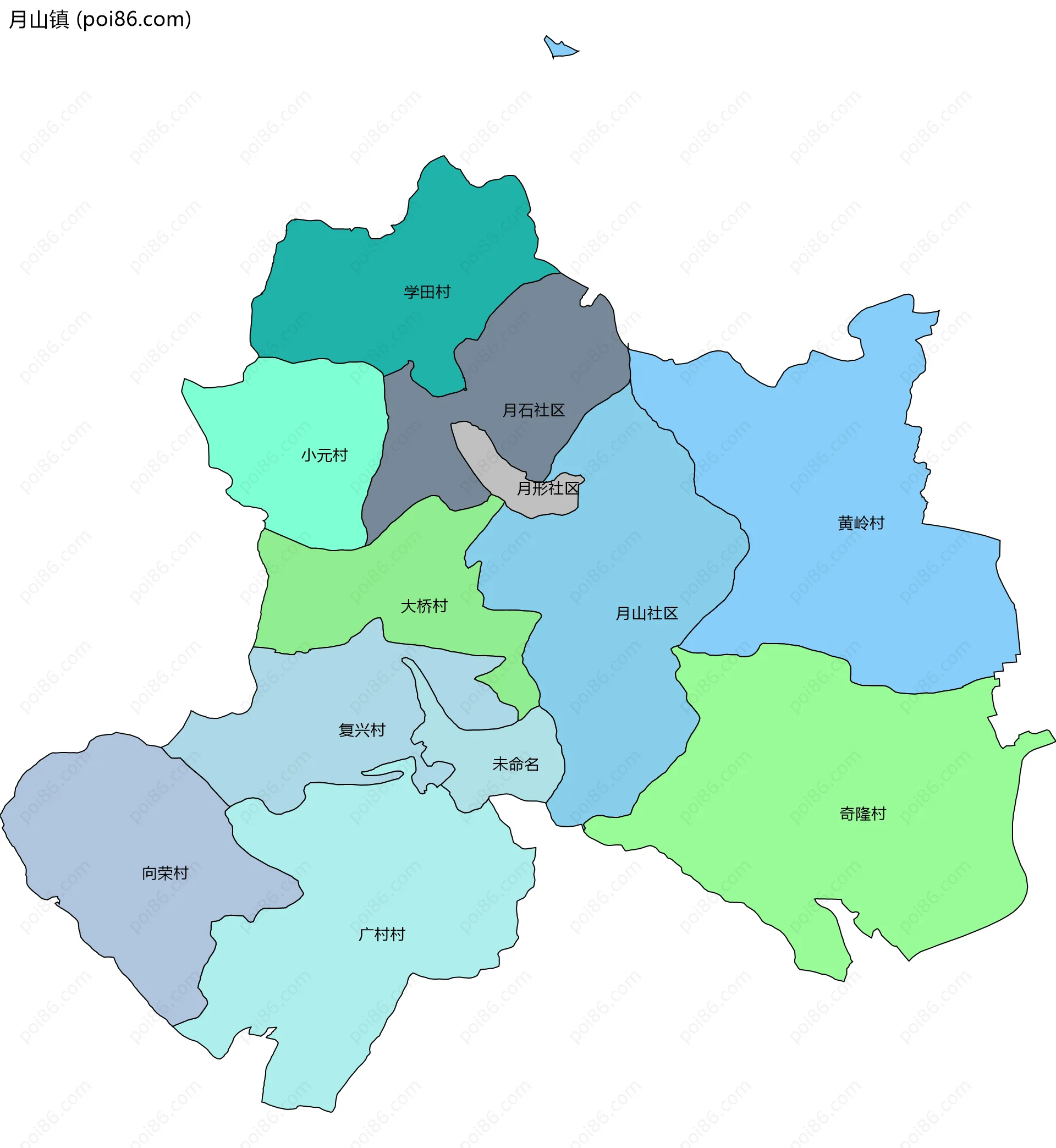 月山镇边界地图(五级行政区划)