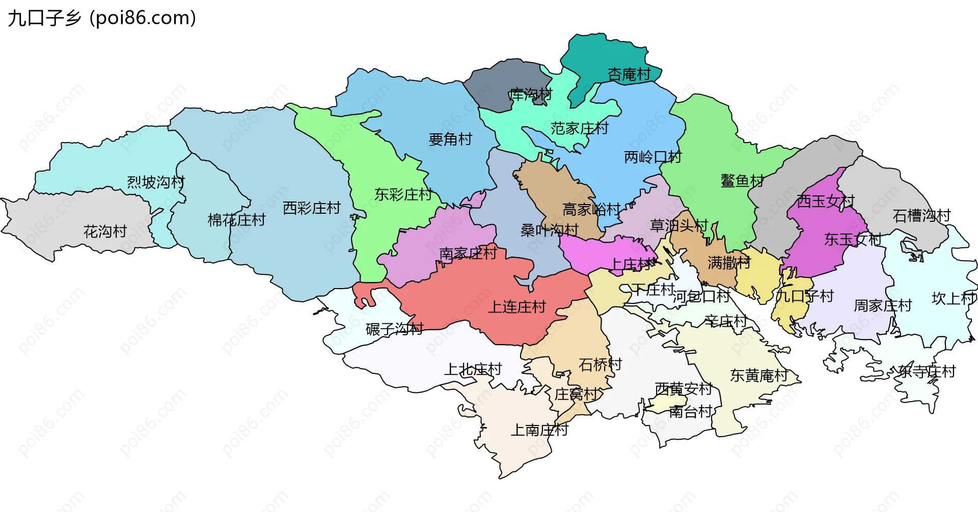 九口子乡边界地图(五级行政区划)
