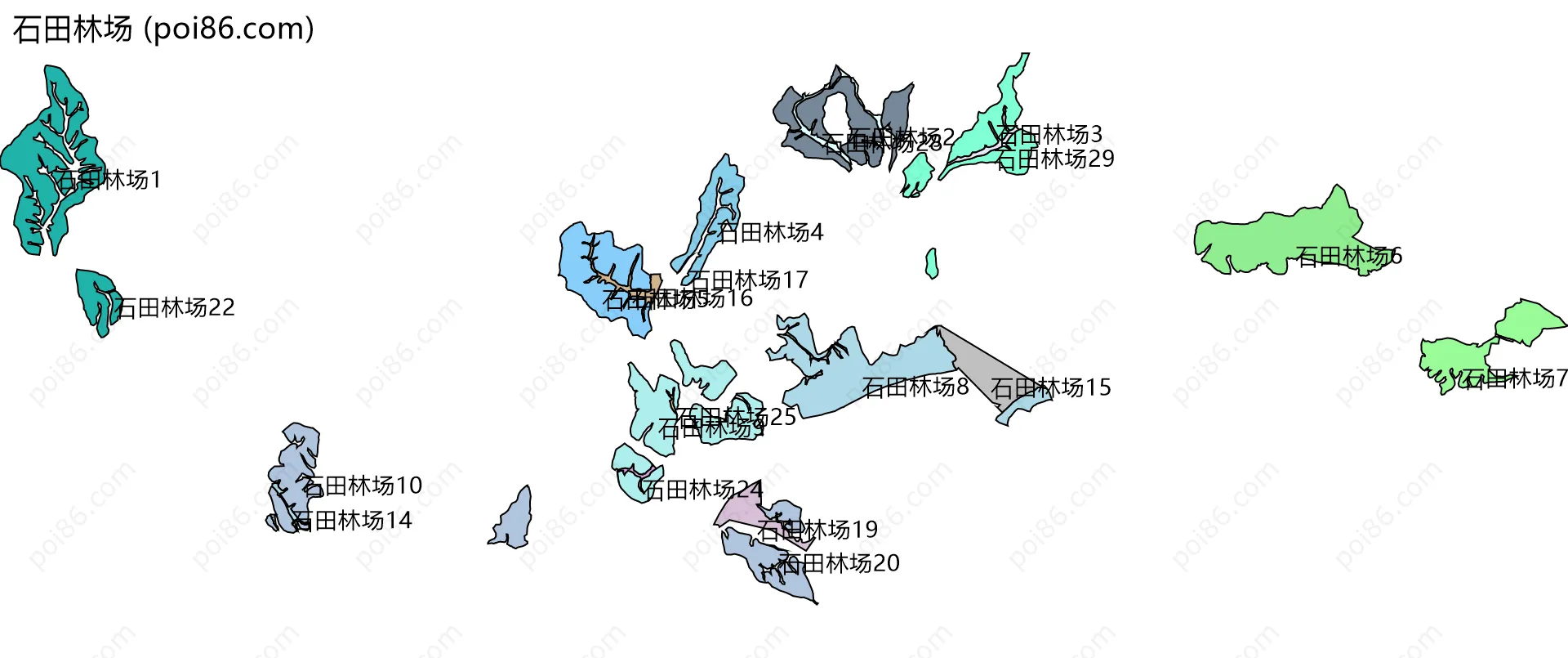 石田林场边界地图(五级行政区划)