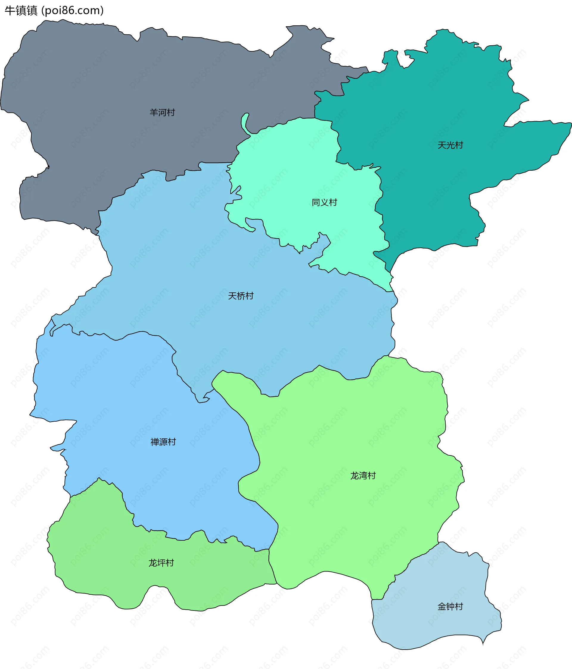 牛镇镇边界地图(五级行政区划)