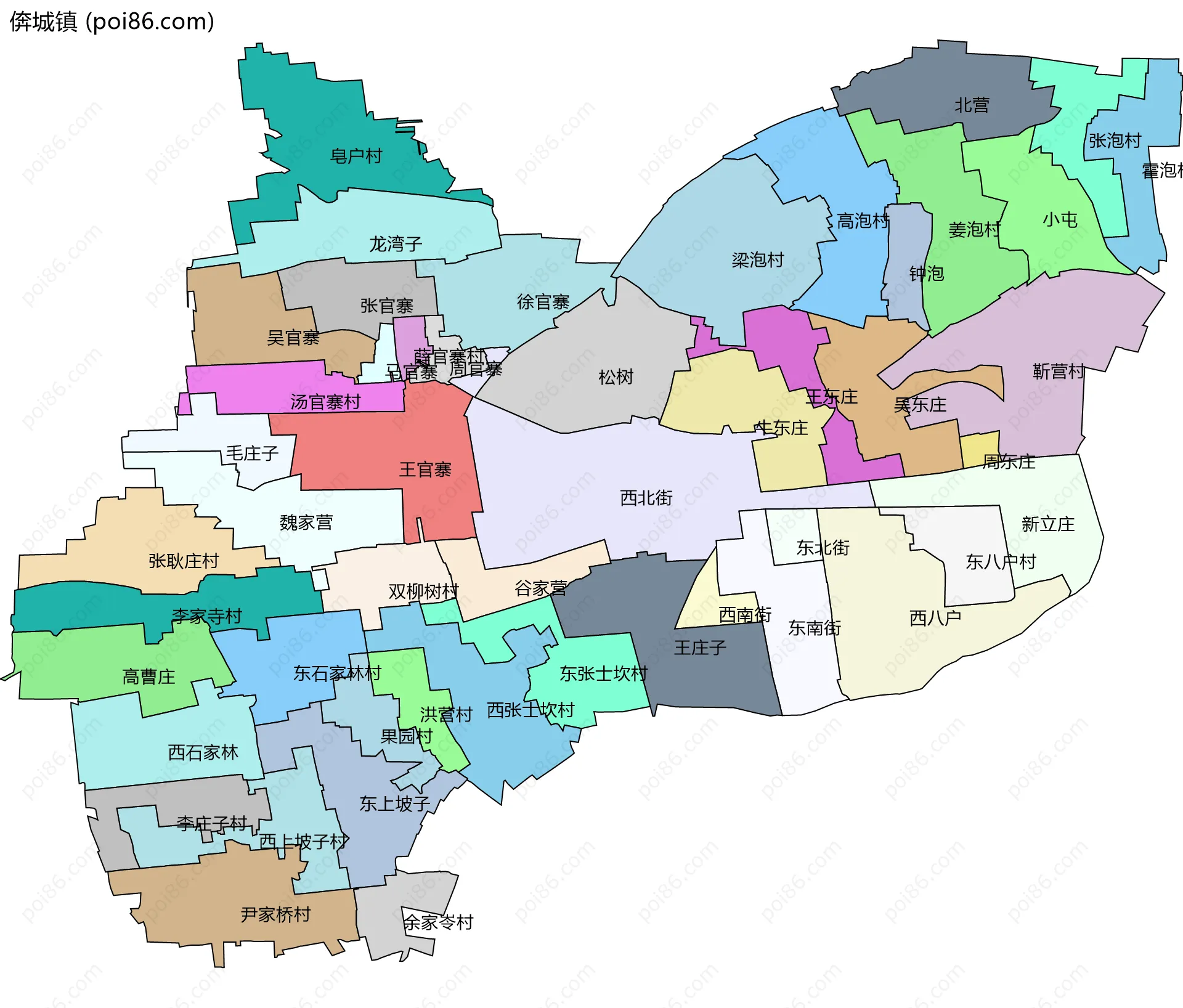 倴城镇边界地图(五级行政区划)