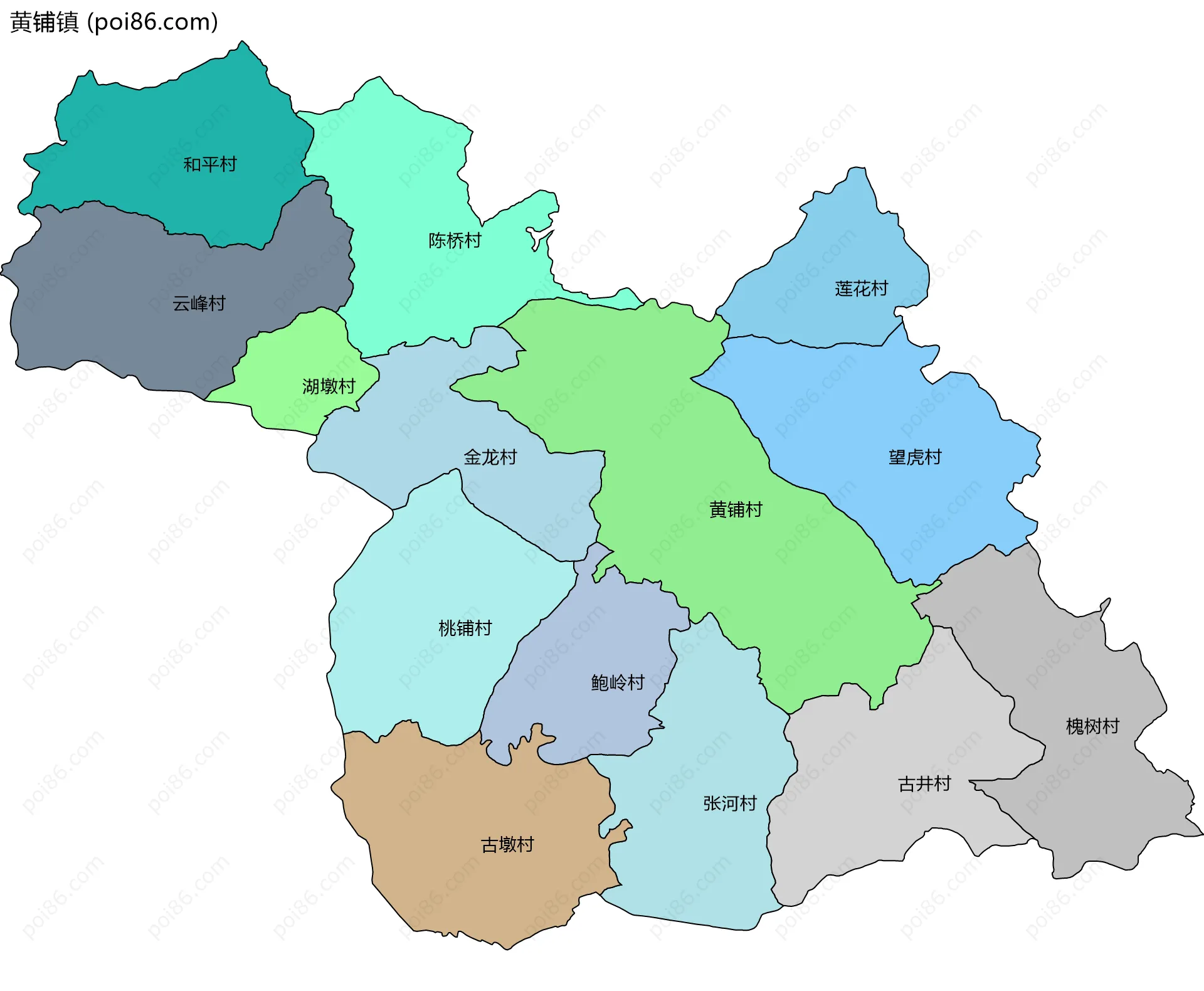 黄铺镇边界地图(五级行政区划)