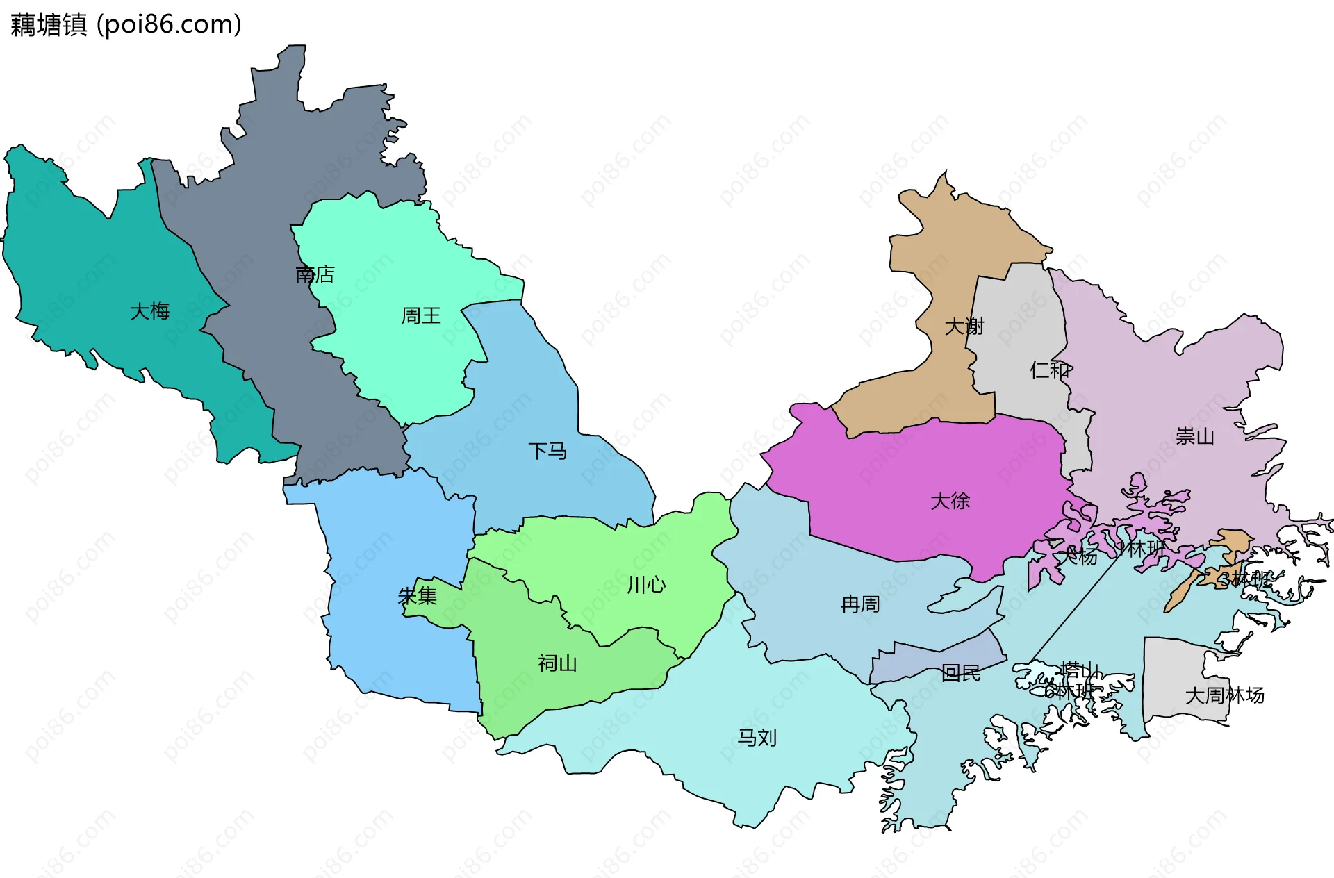 藕塘镇边界地图(五级行政区划)