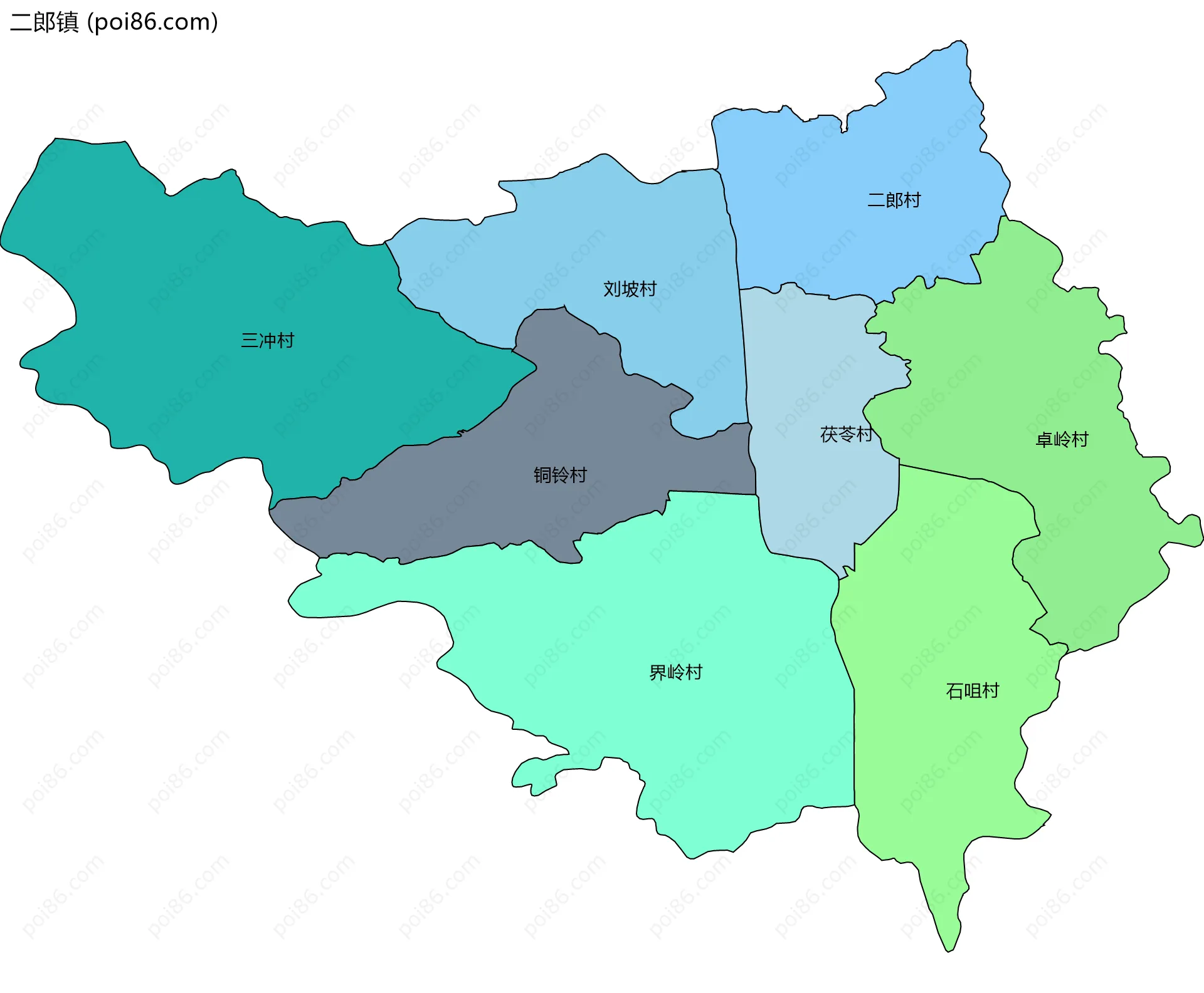 二郎镇边界地图(五级行政区划)