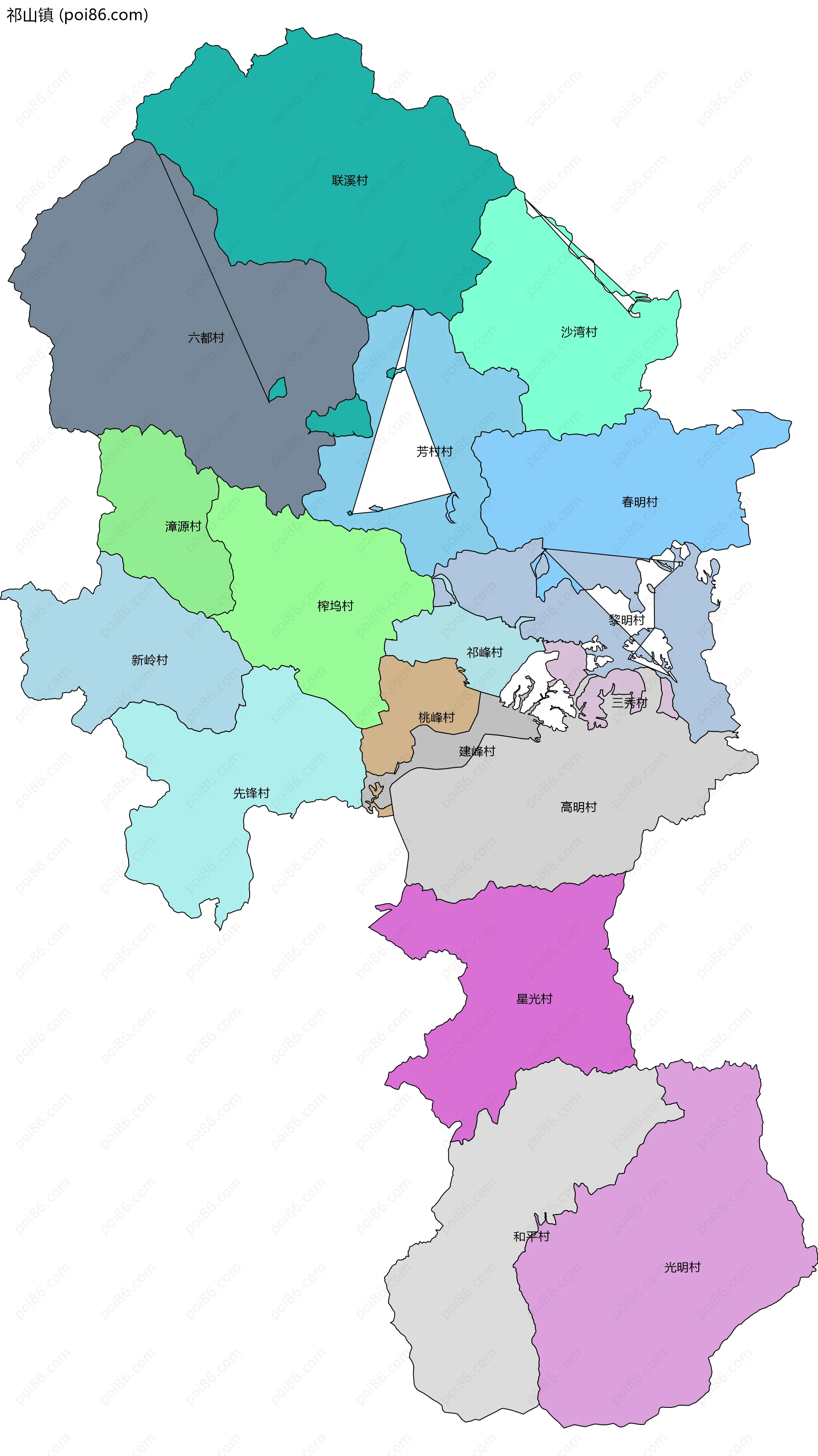 祁山镇边界地图(五级行政区划)