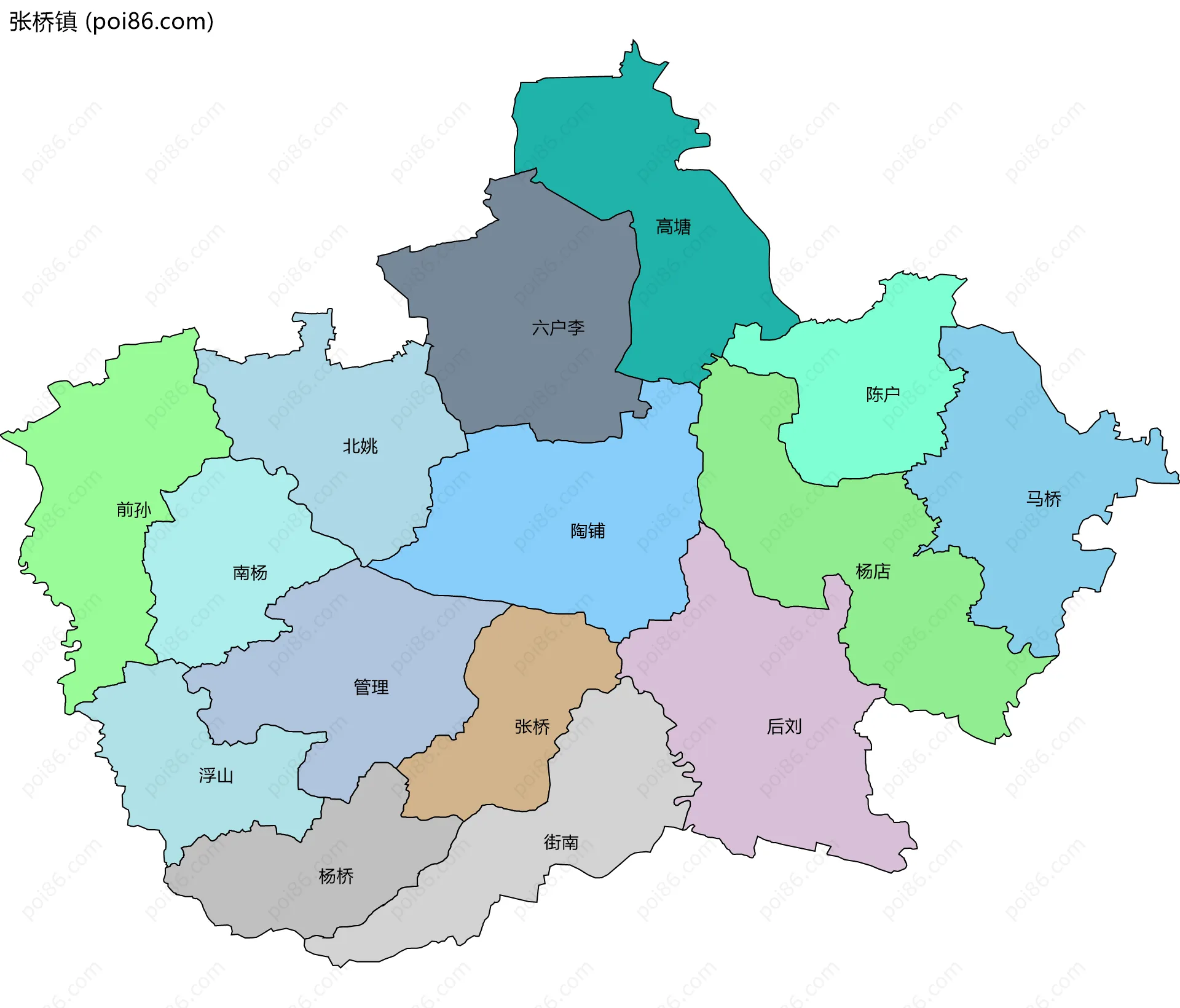 张桥镇边界地图(五级行政区划)