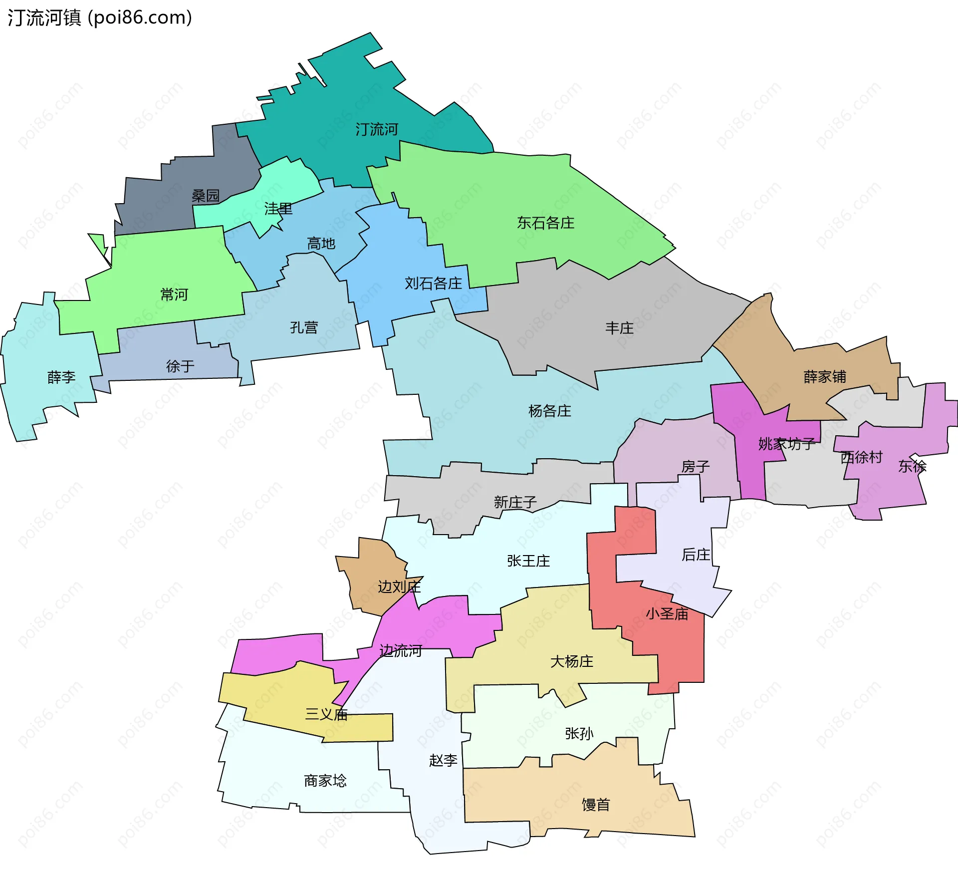 汀流河镇边界地图(五级行政区划)