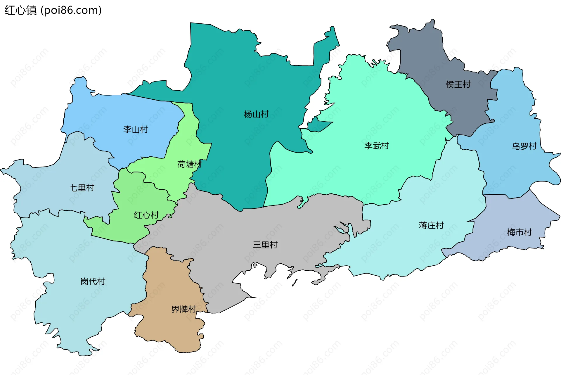 红心镇边界地图(五级行政区划)