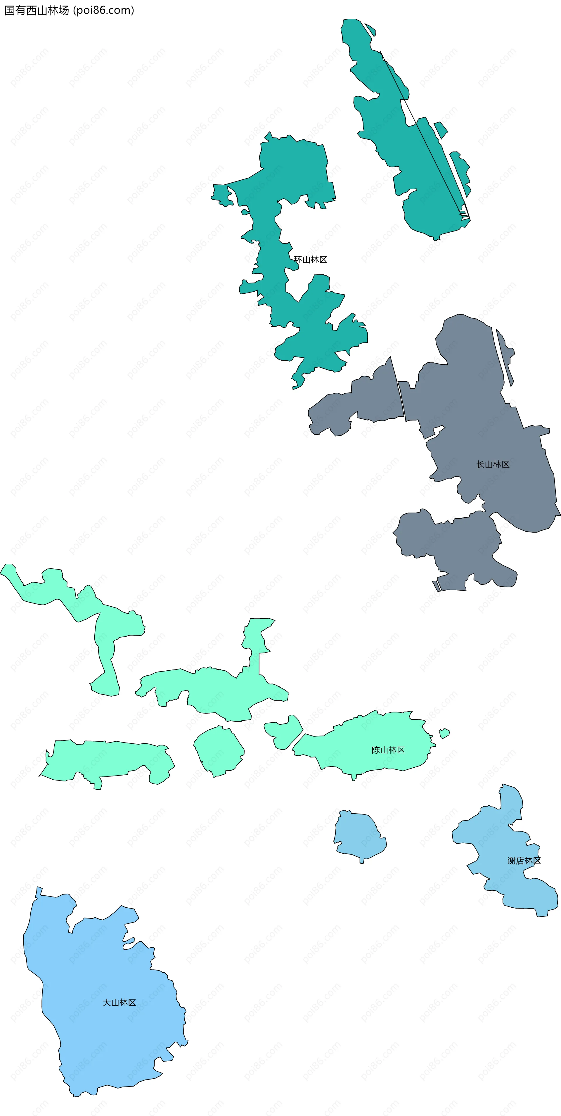 国有西山林场边界地图(五级行政区划)