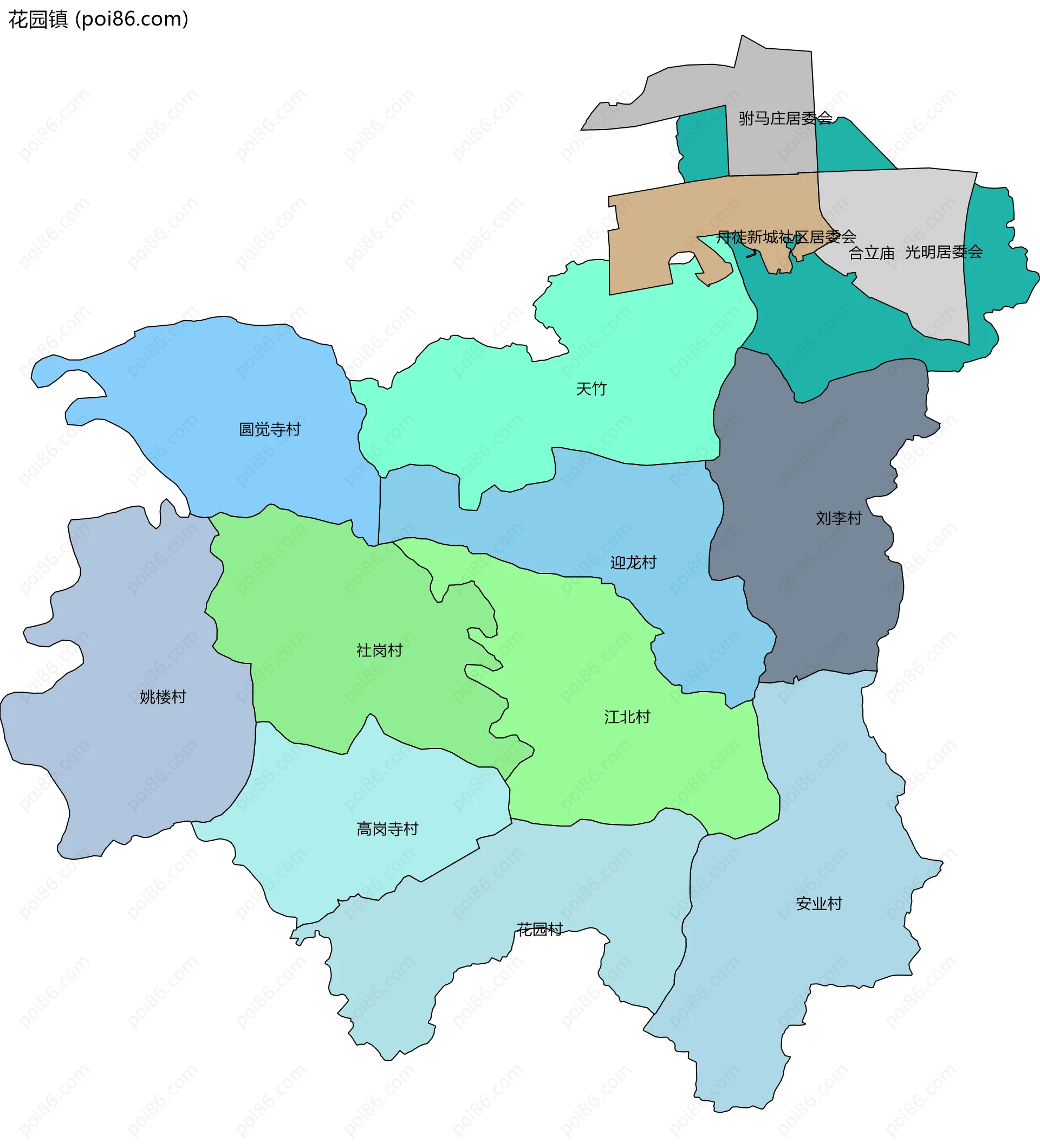 花园镇边界地图(五级行政区划)