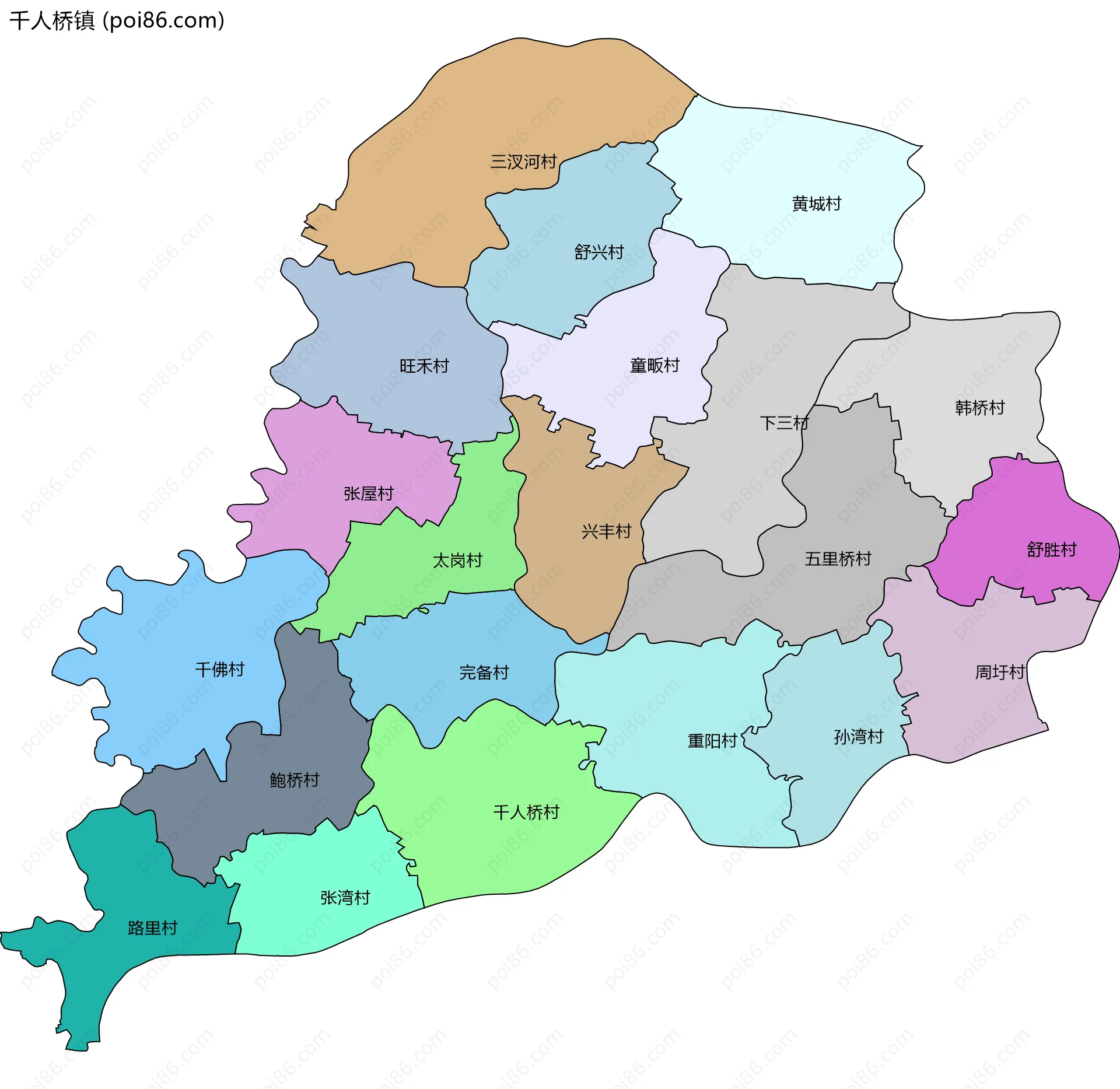 千人桥镇边界地图(五级行政区划)