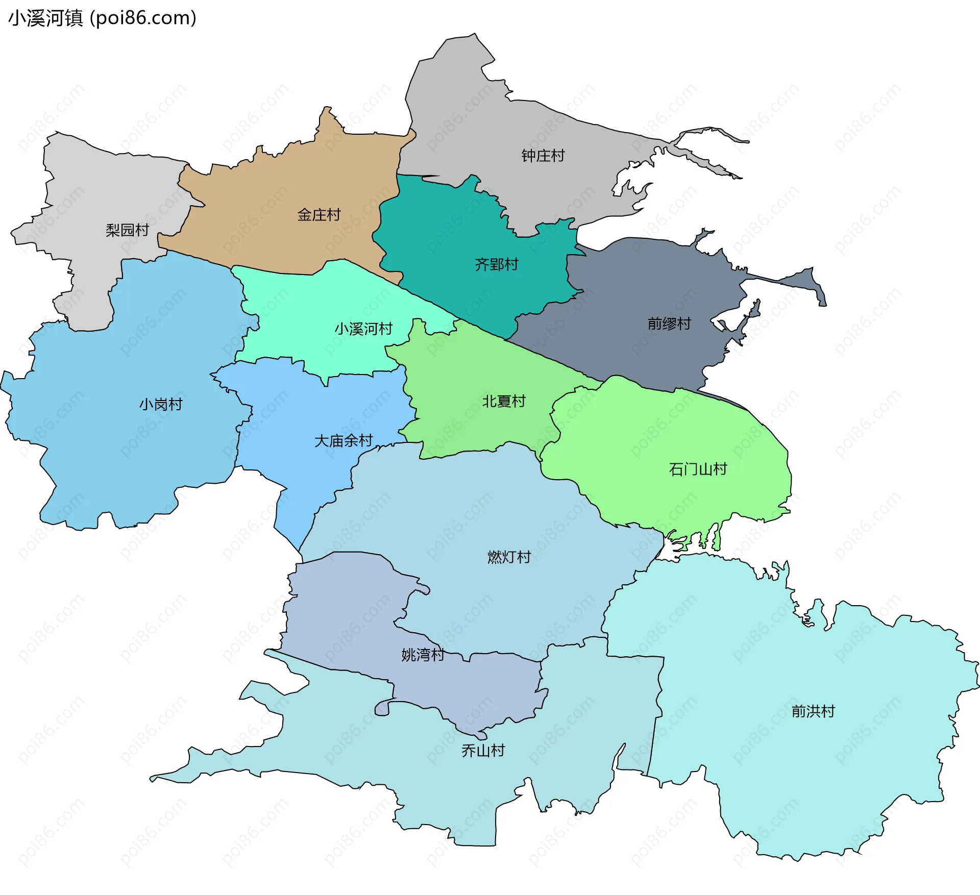 小溪河镇边界地图(五级行政区划)