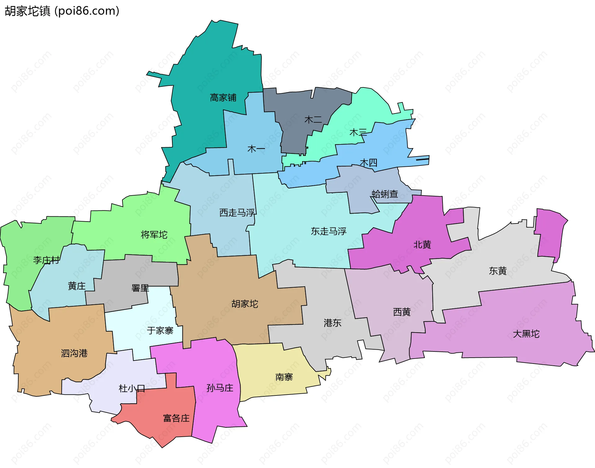 胡家坨镇边界地图(五级行政区划)