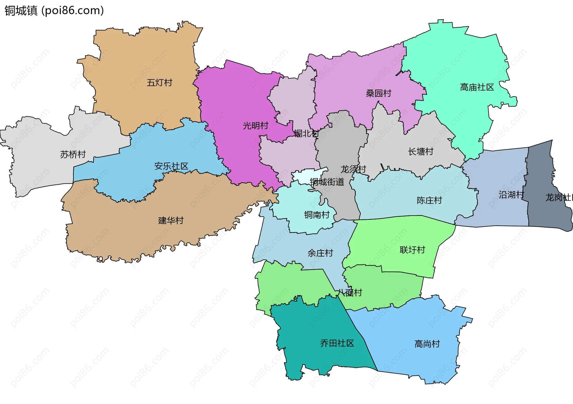 铜城镇边界地图(五级行政区划)
