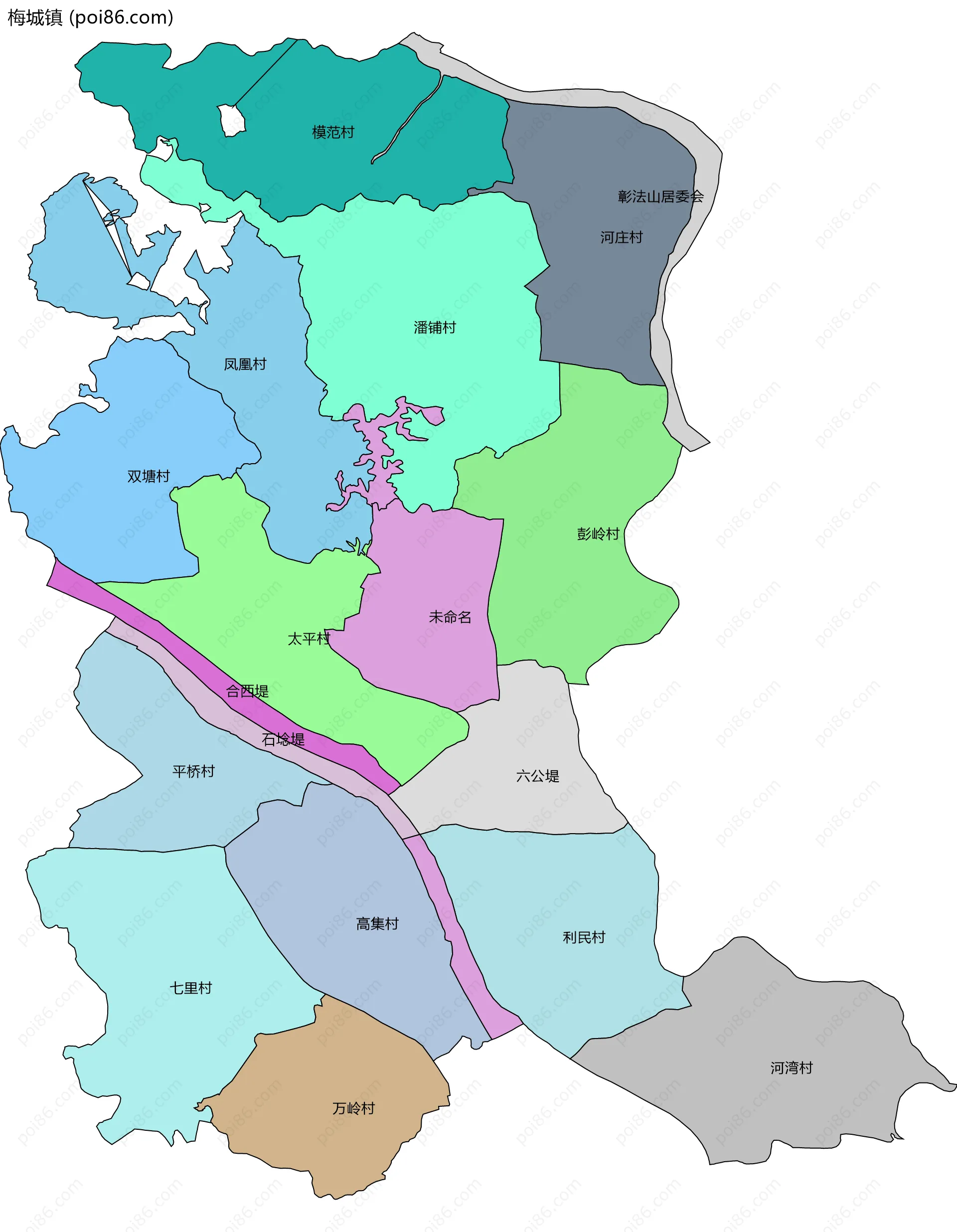 梅城镇边界地图(五级行政区划)