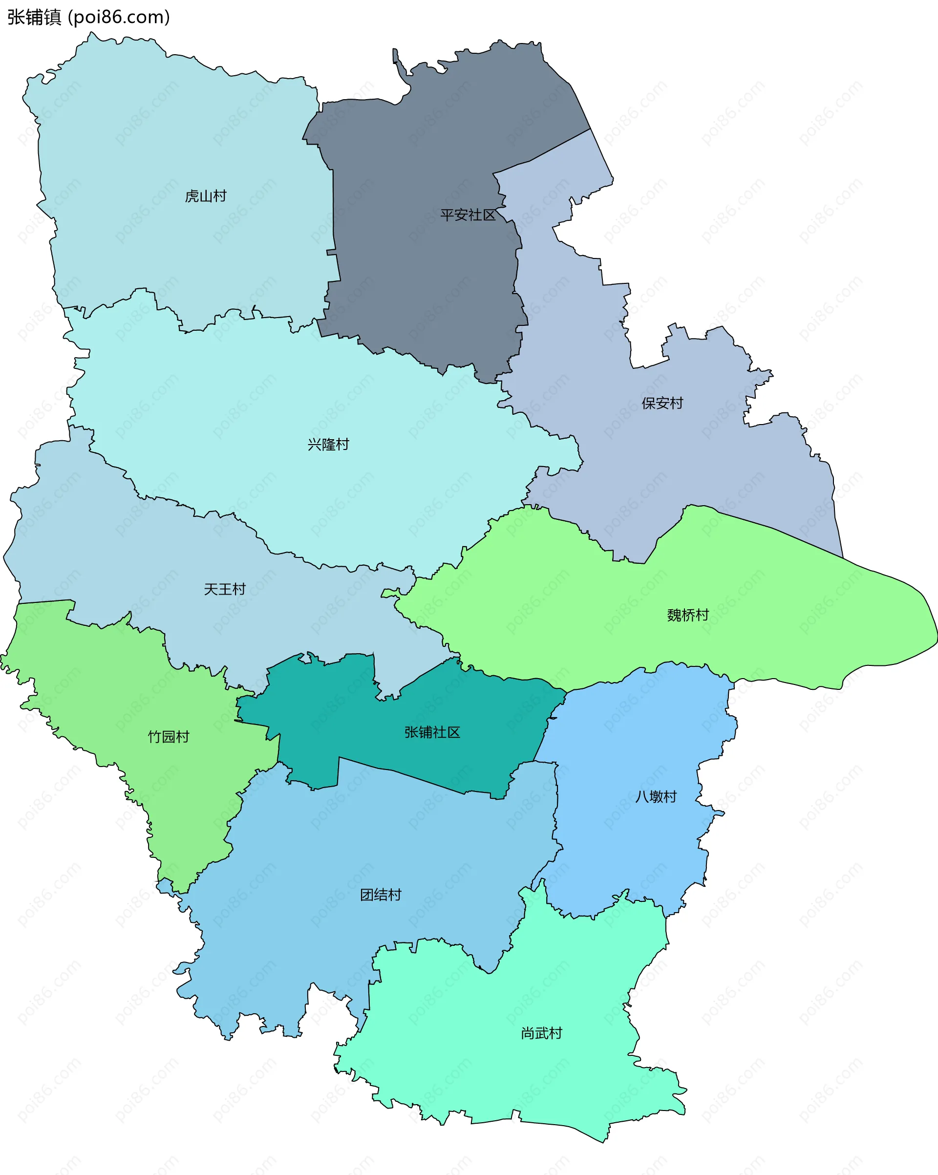张铺镇边界地图(五级行政区划)