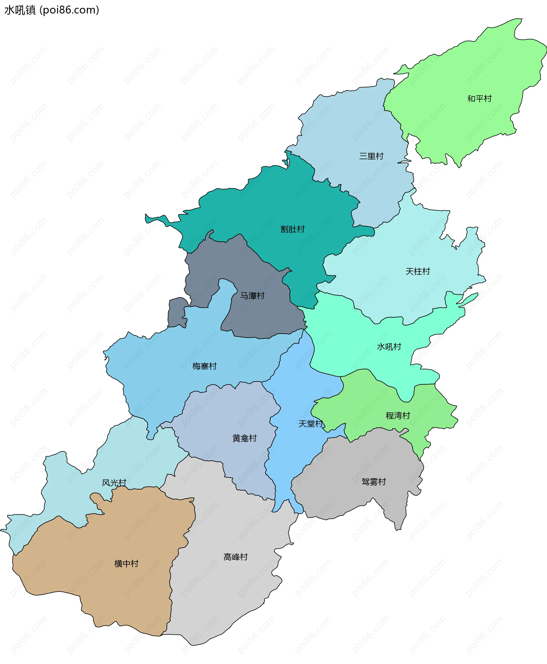 水吼镇边界地图(五级行政区划)