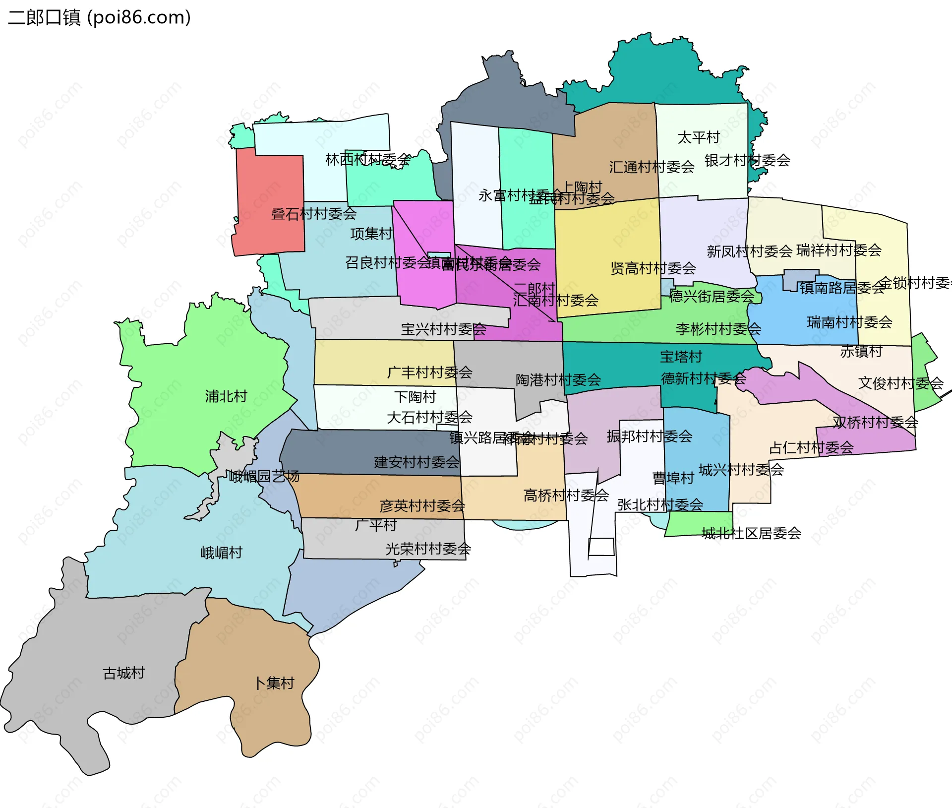 二郎口镇边界地图(五级行政区划)