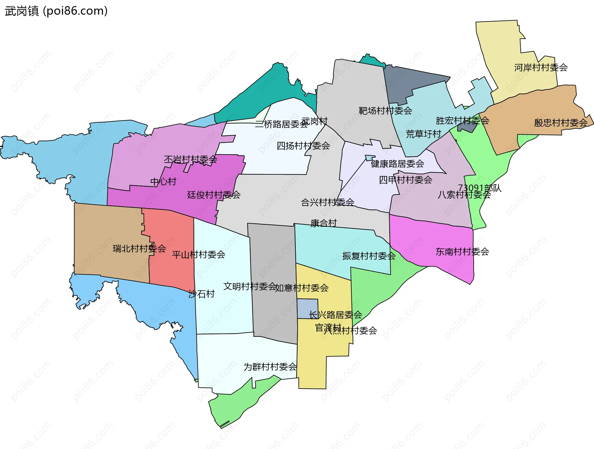 武岗镇边界地图(五级行政区划)
