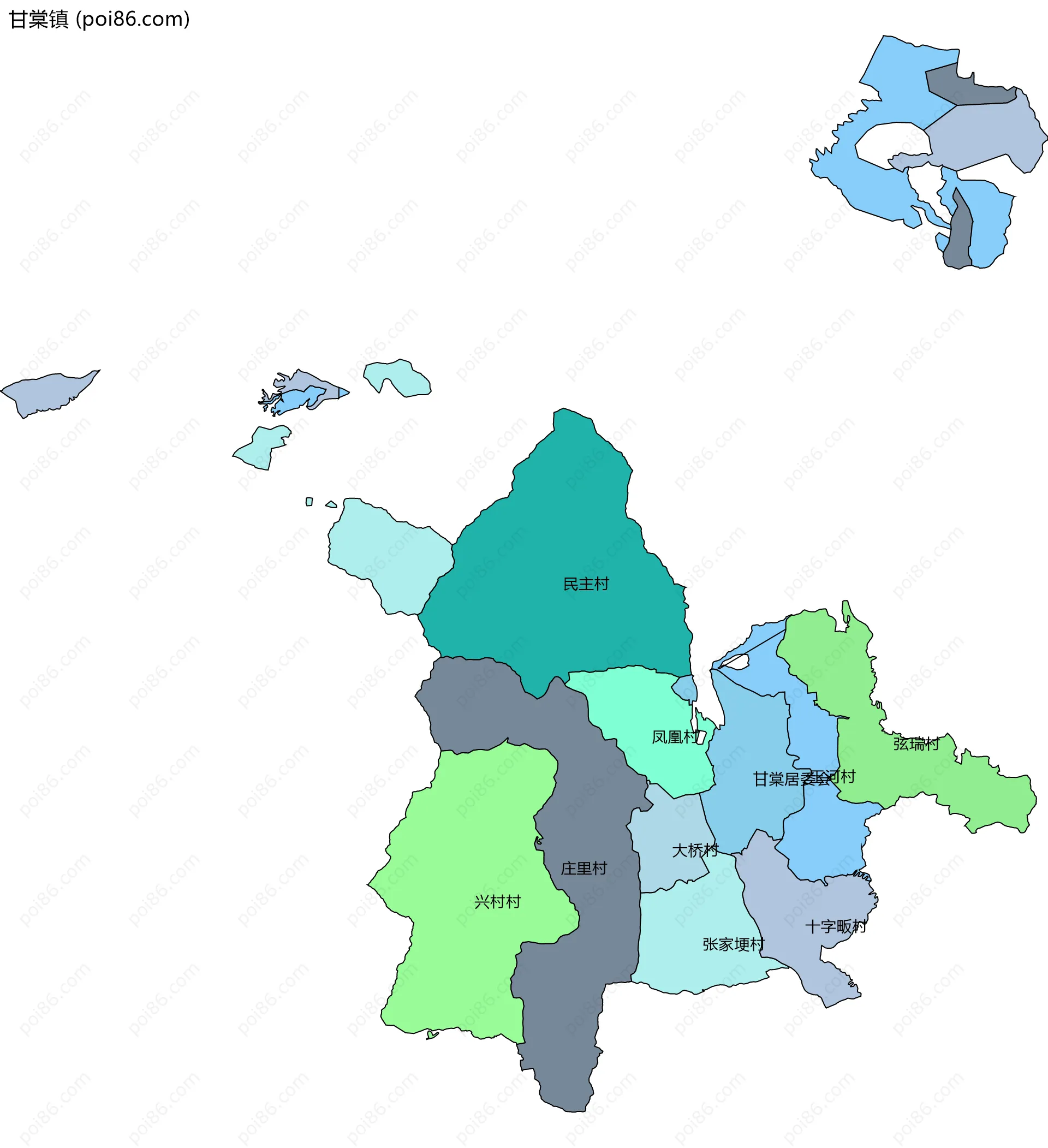 甘棠镇边界地图(五级行政区划)
