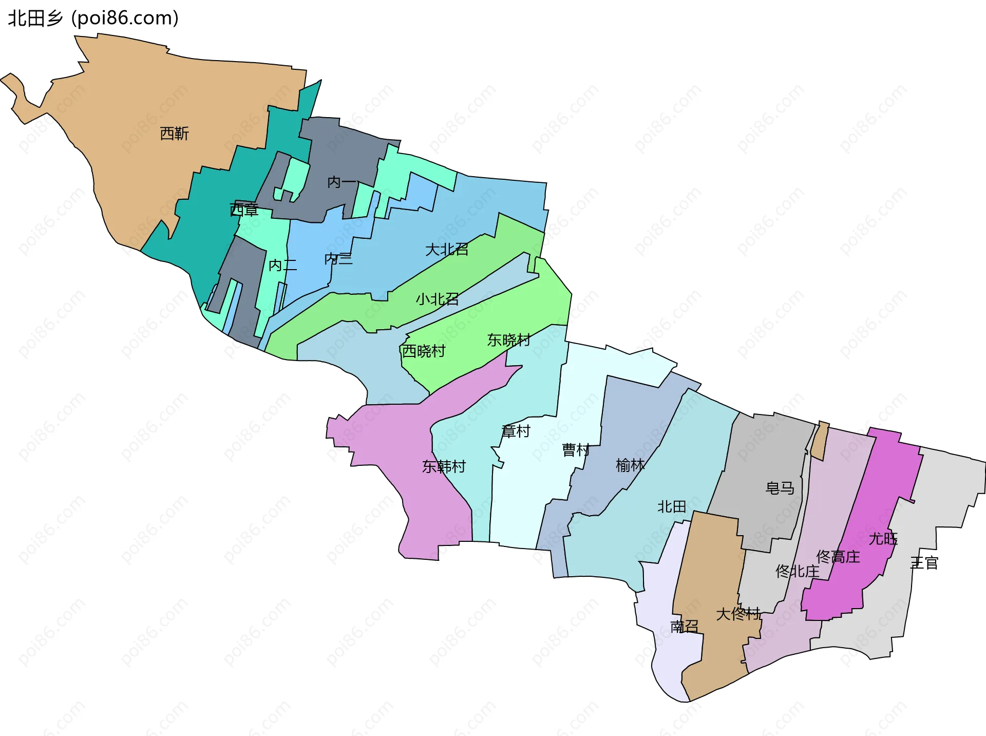 北田乡边界地图(五级行政区划)