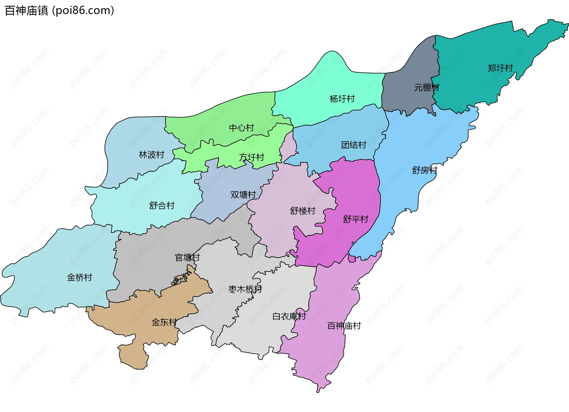 百神庙镇边界地图(五级行政区划)