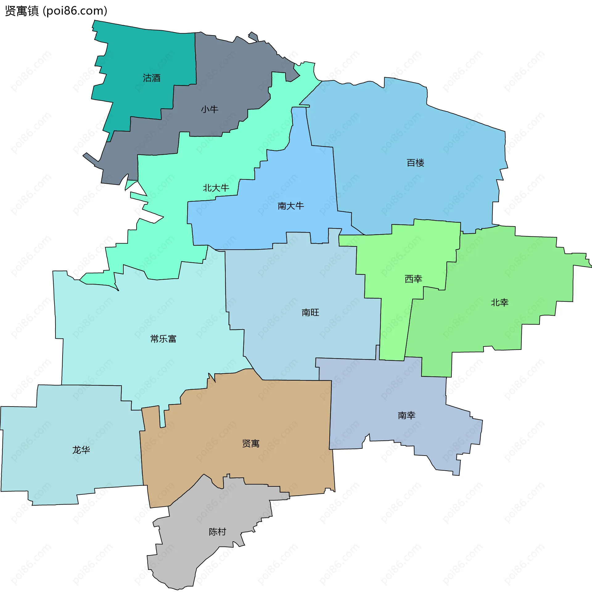 贤寓镇边界地图(五级行政区划)