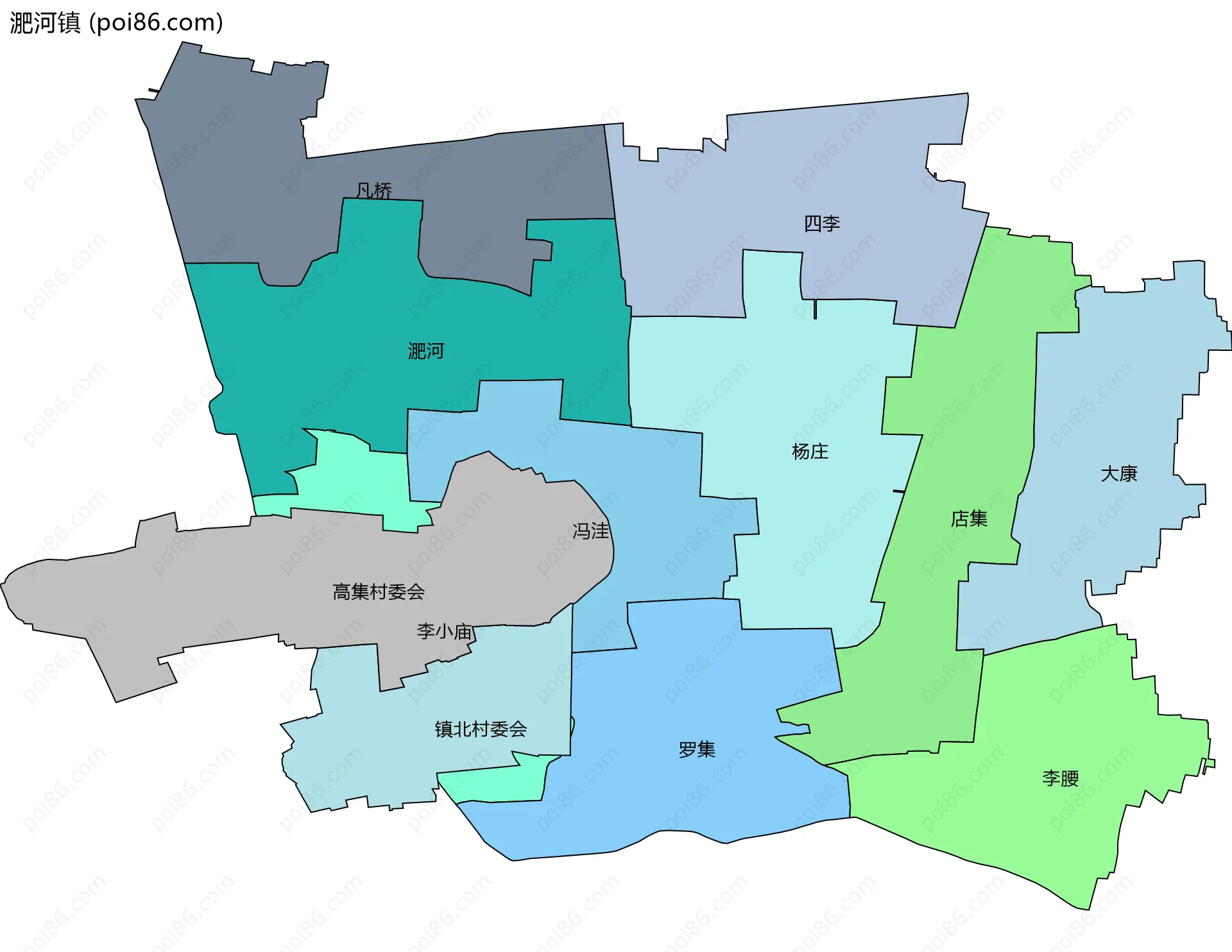 淝河镇边界地图(五级行政区划)