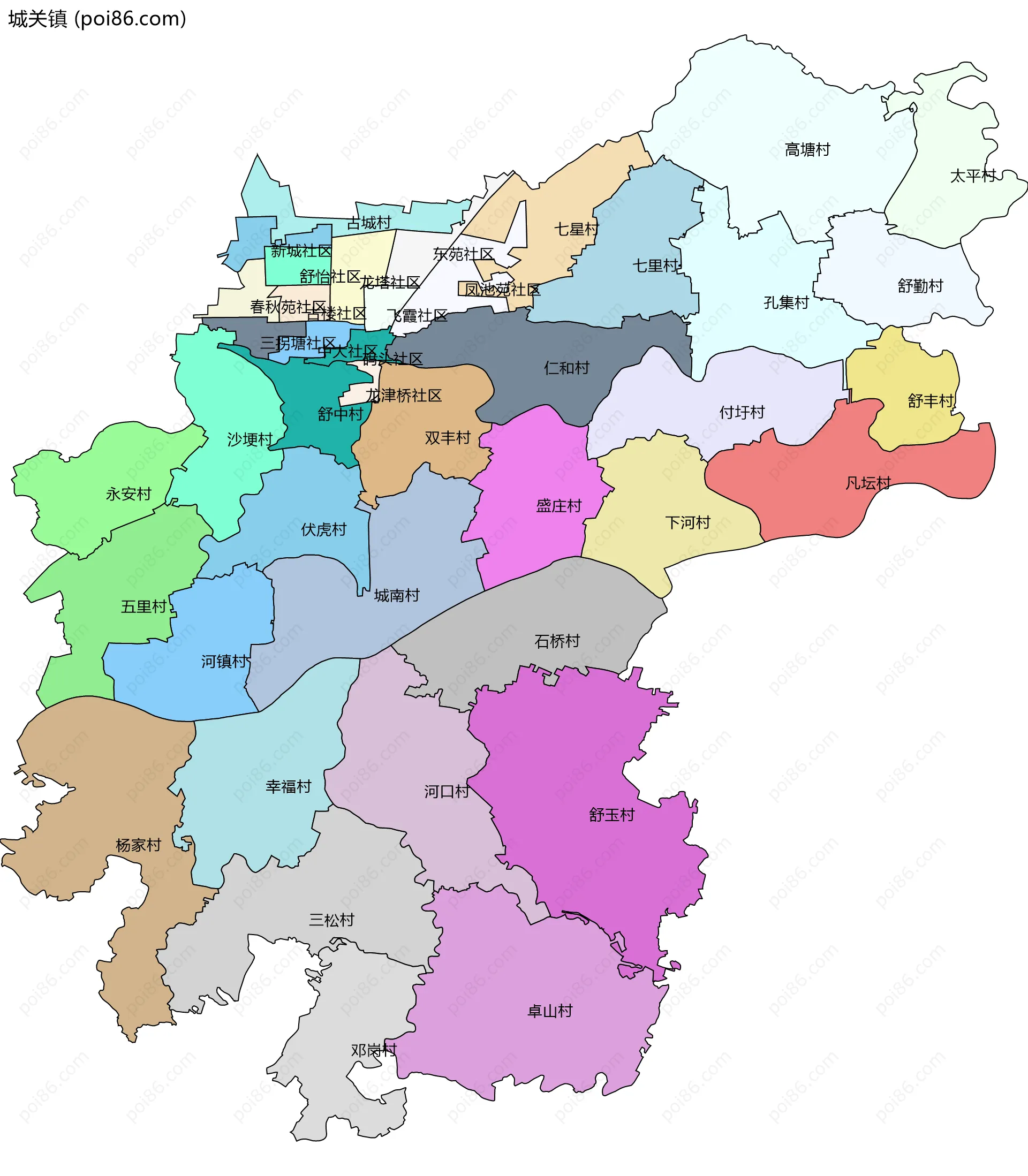 城关镇边界地图(五级行政区划)