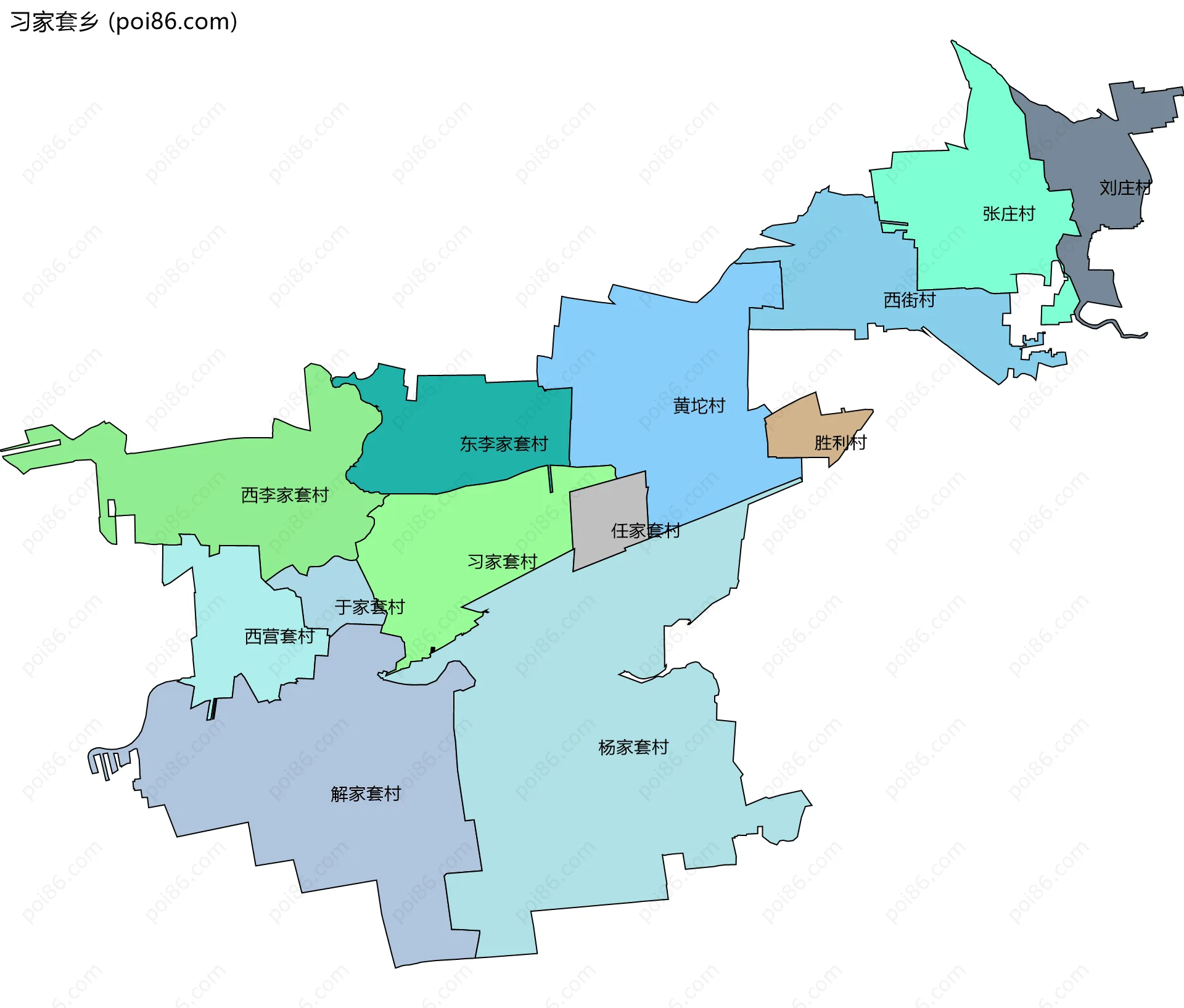 习家套乡边界地图(五级行政区划)