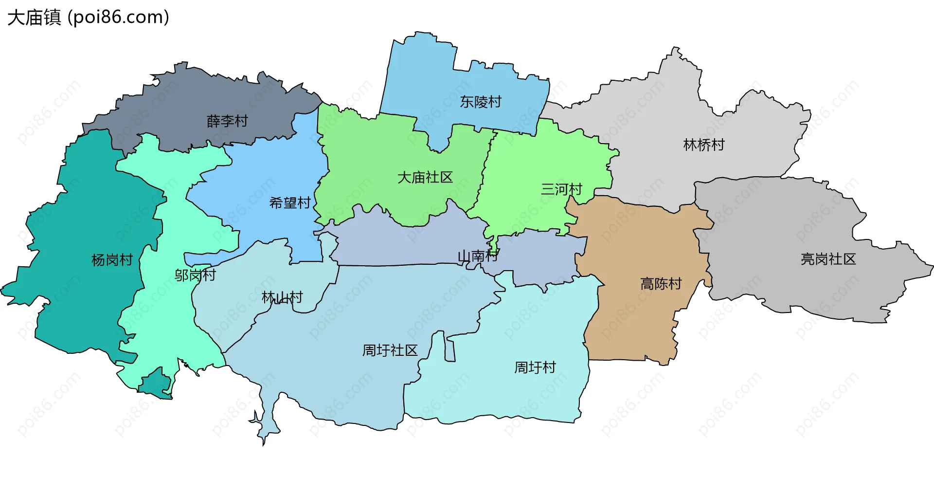 大庙镇边界地图(五级行政区划)