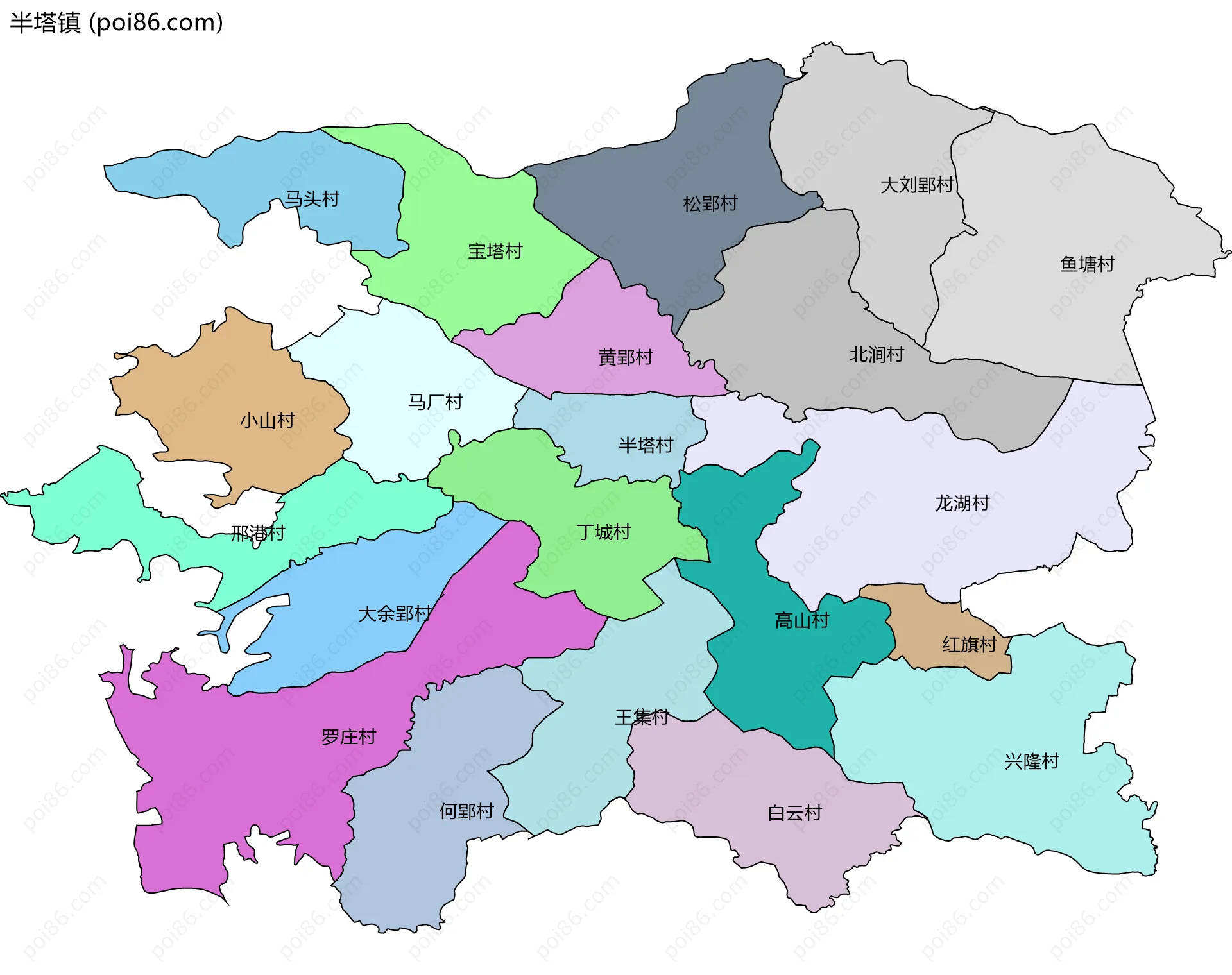 半塔镇边界地图(五级行政区划)